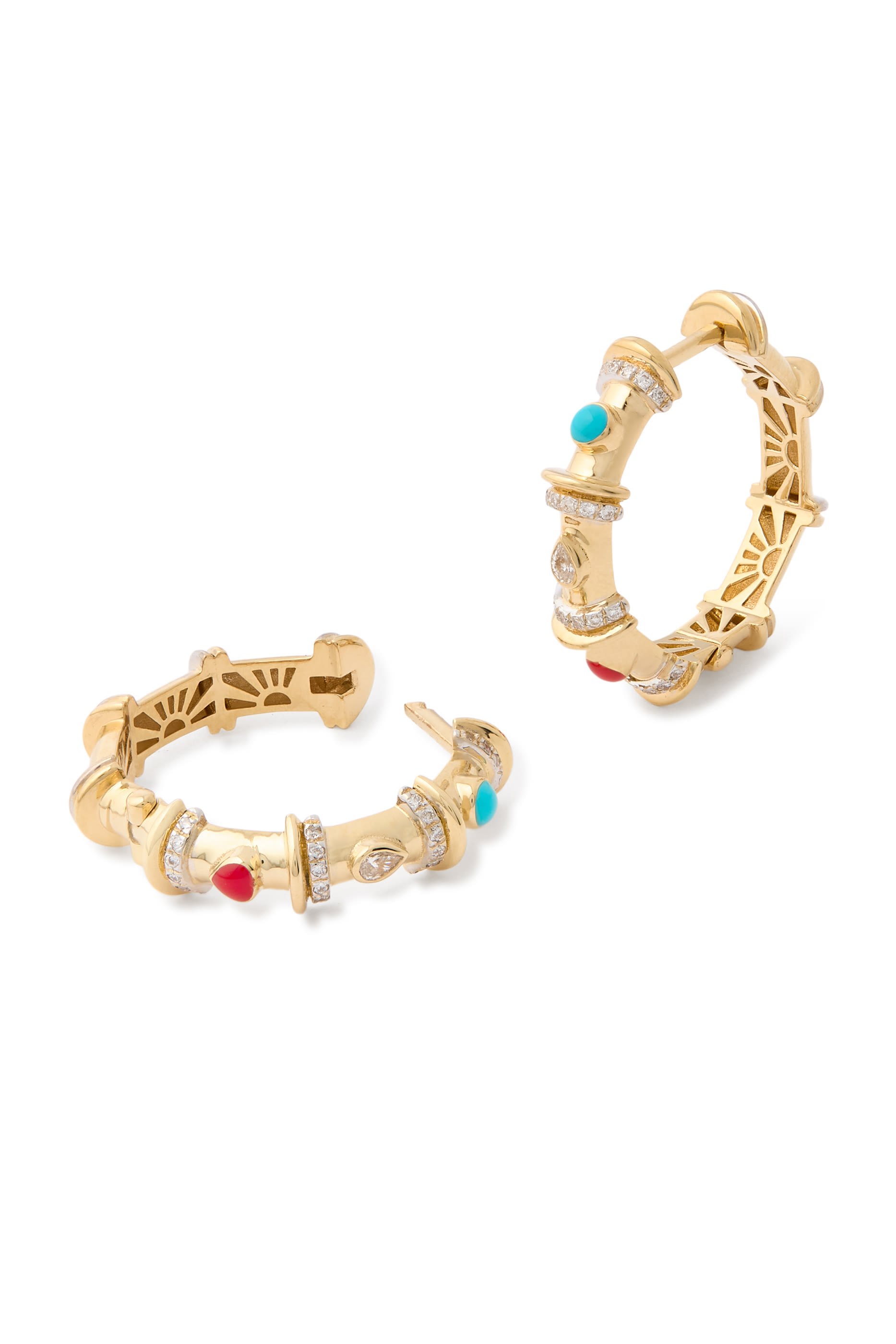 Milky Multicharm Hoops, 18K Yellow Gold, Diamonds, Red Coral & Turquoise