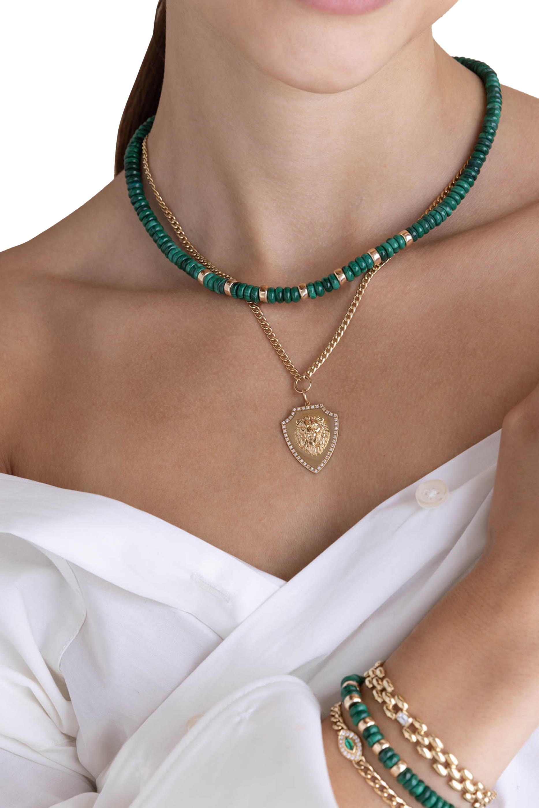  Rondelle Beaded Necklace,  14K Yellow Gold & Malachite
