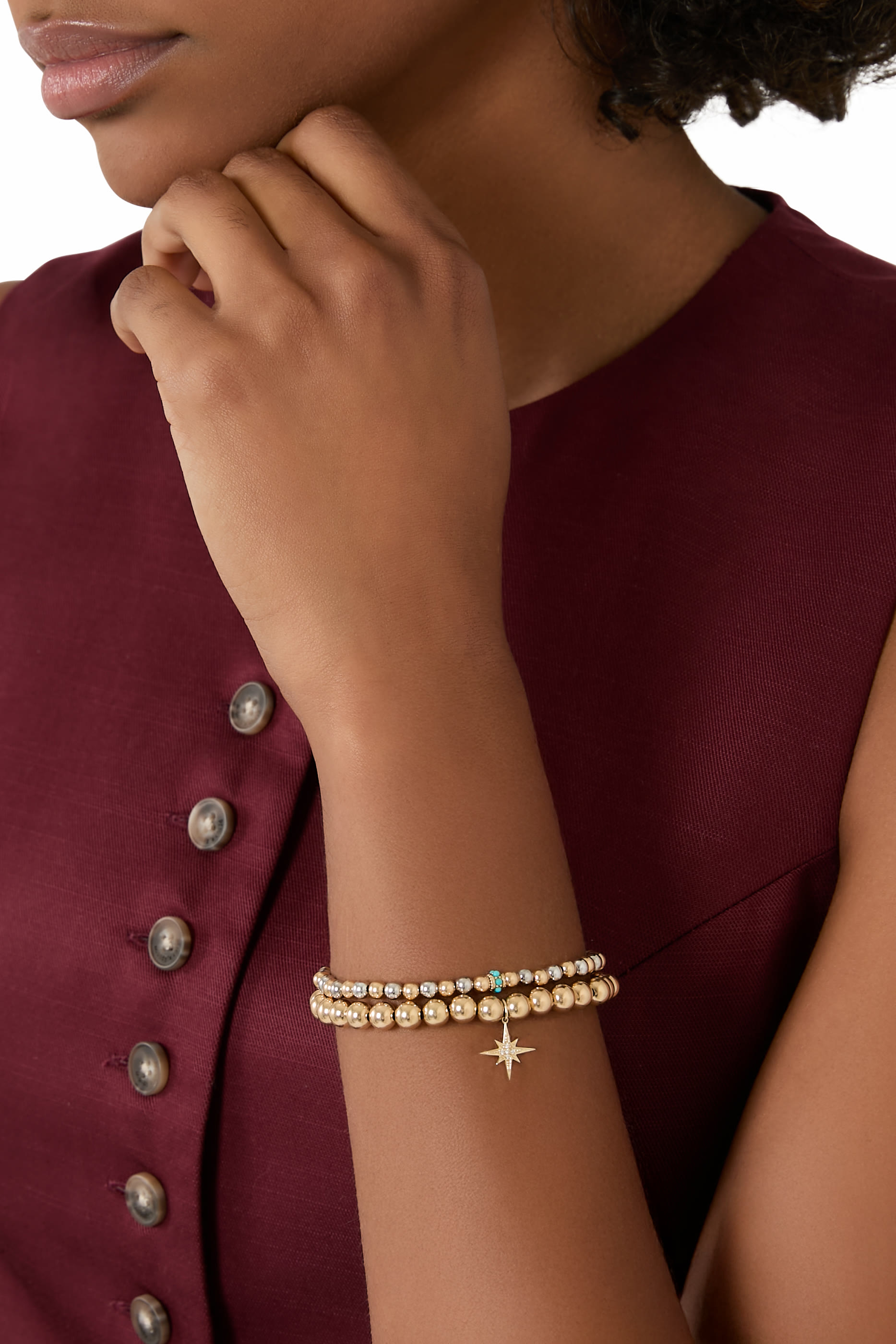 Scallop Rondelle Two-Tone Beaded Bracelet, 14K Yellow Gold & Turquoise