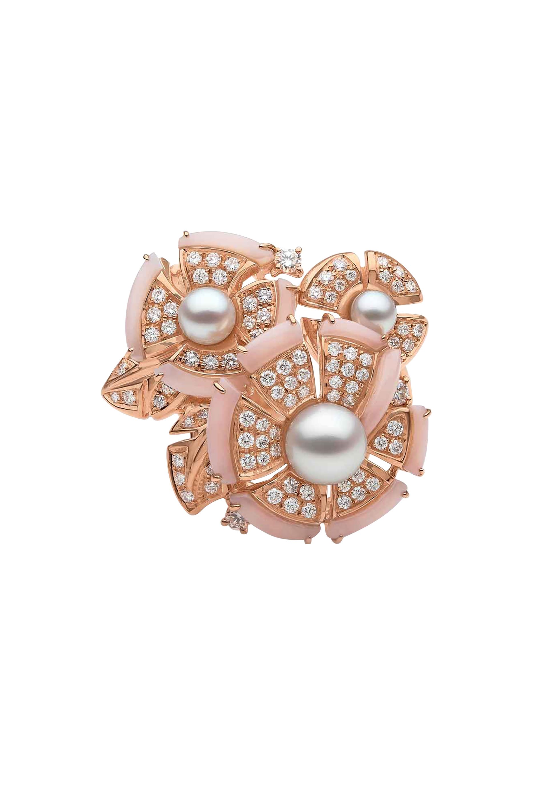 Cleopatra Ring, 18K Rose Gold with Freshwater Pearls, Pink Opal & Diamonds