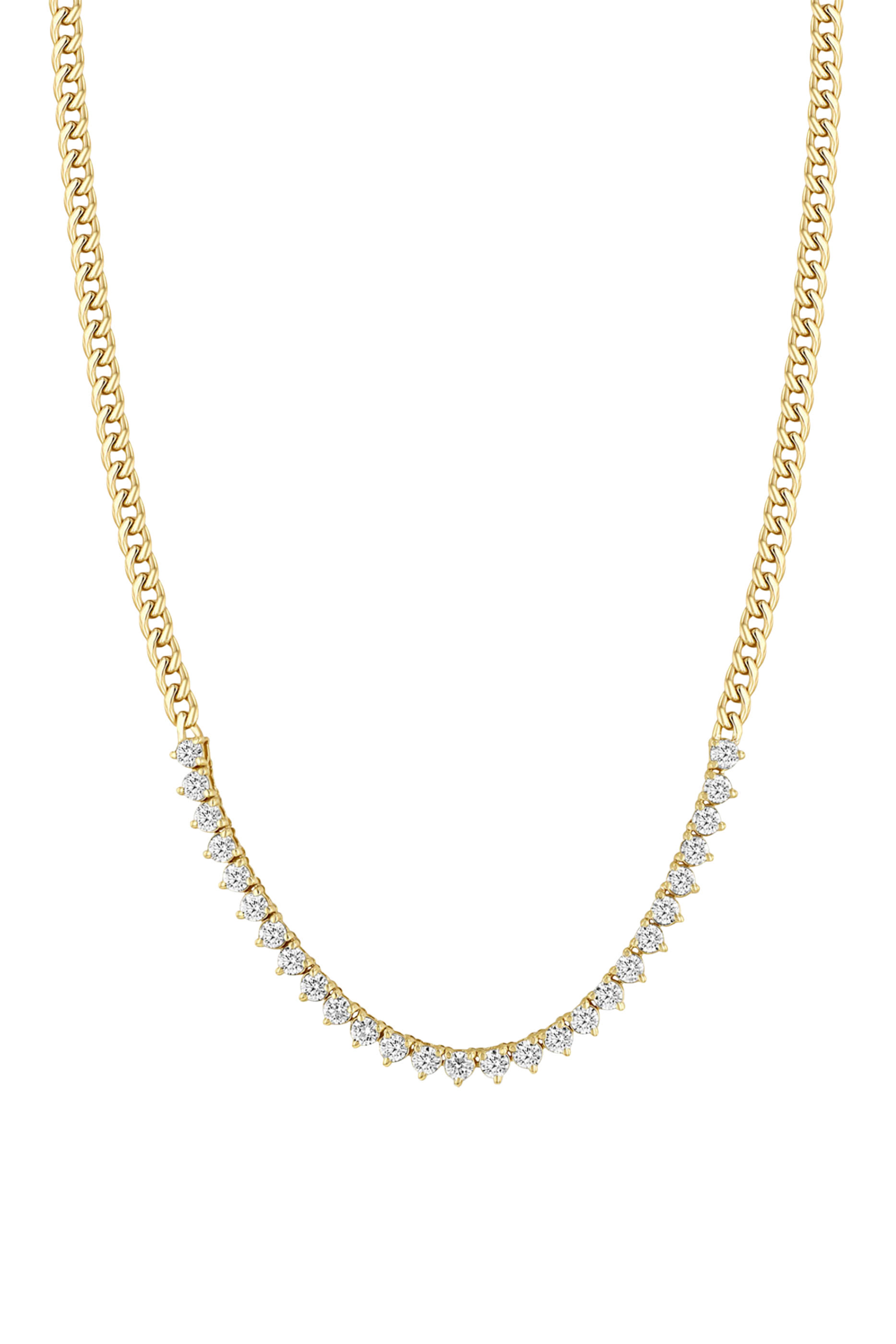  Tennis Segment Small Curb Chain Necklace, 14K Yellow Gold & Diamonds