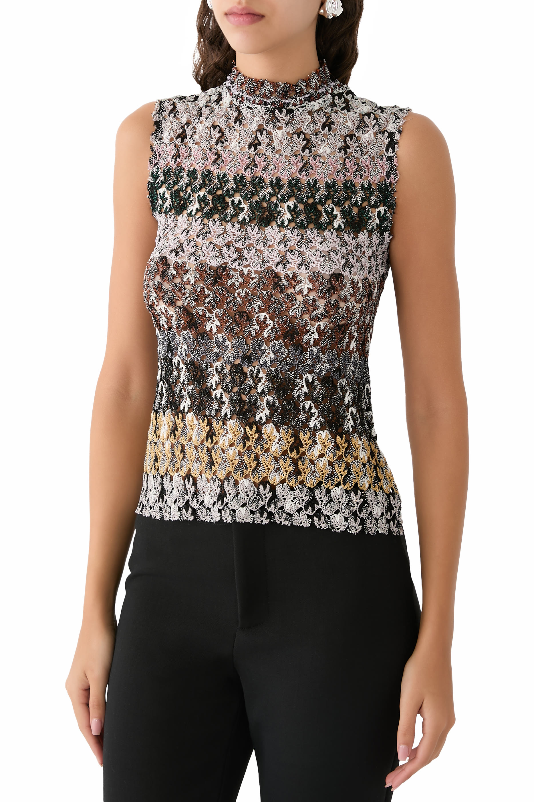 Striped Lace Raschel Lurex Sleeveless Top