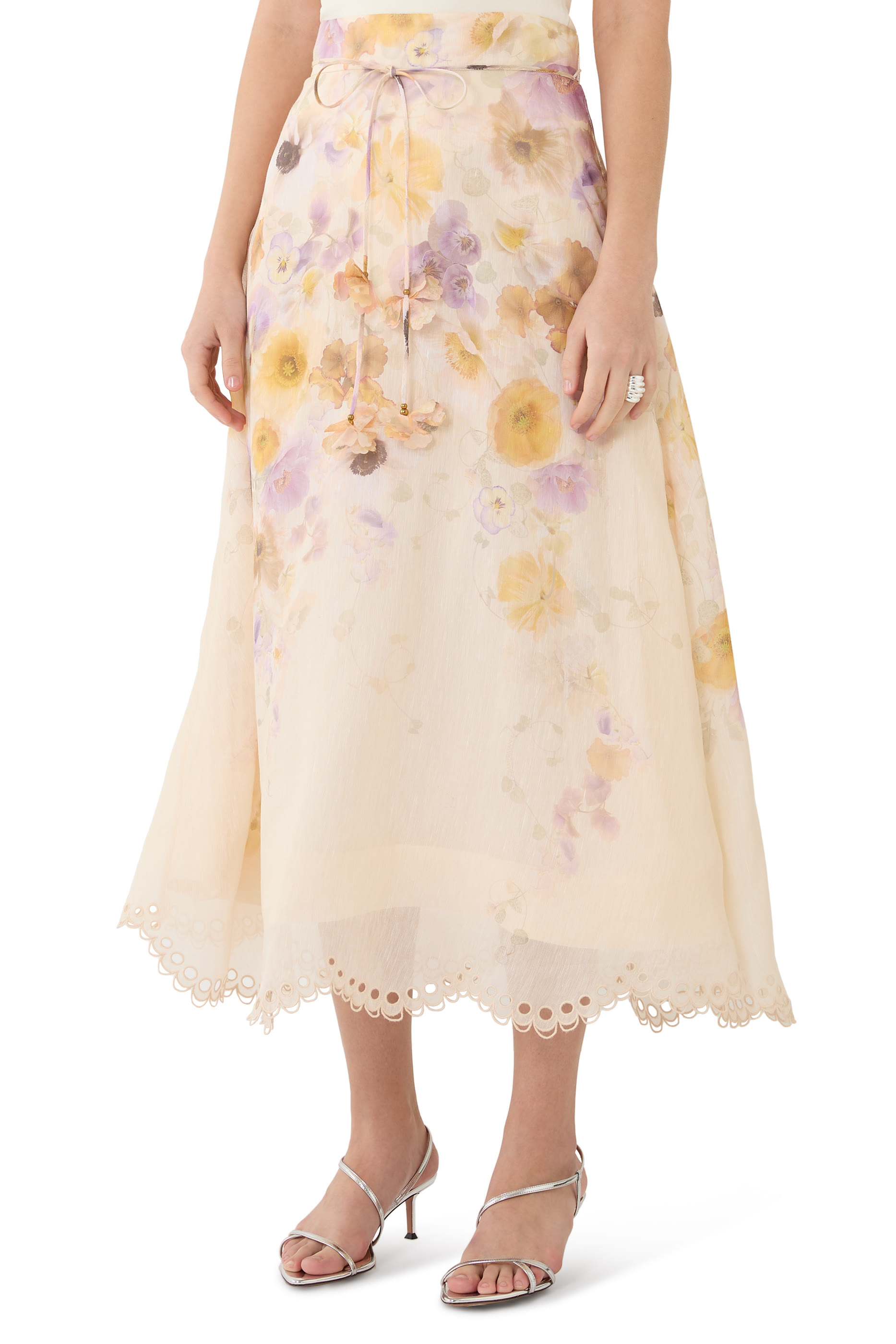 Floral Print Silk Midi Skirt