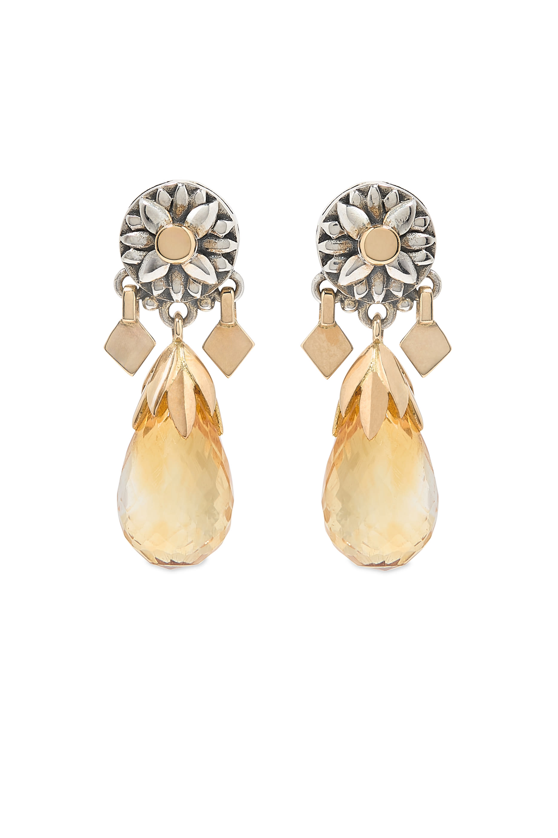 Briolette Earrings, 18K Yellow Gold with Sterling Silver & Citrine
