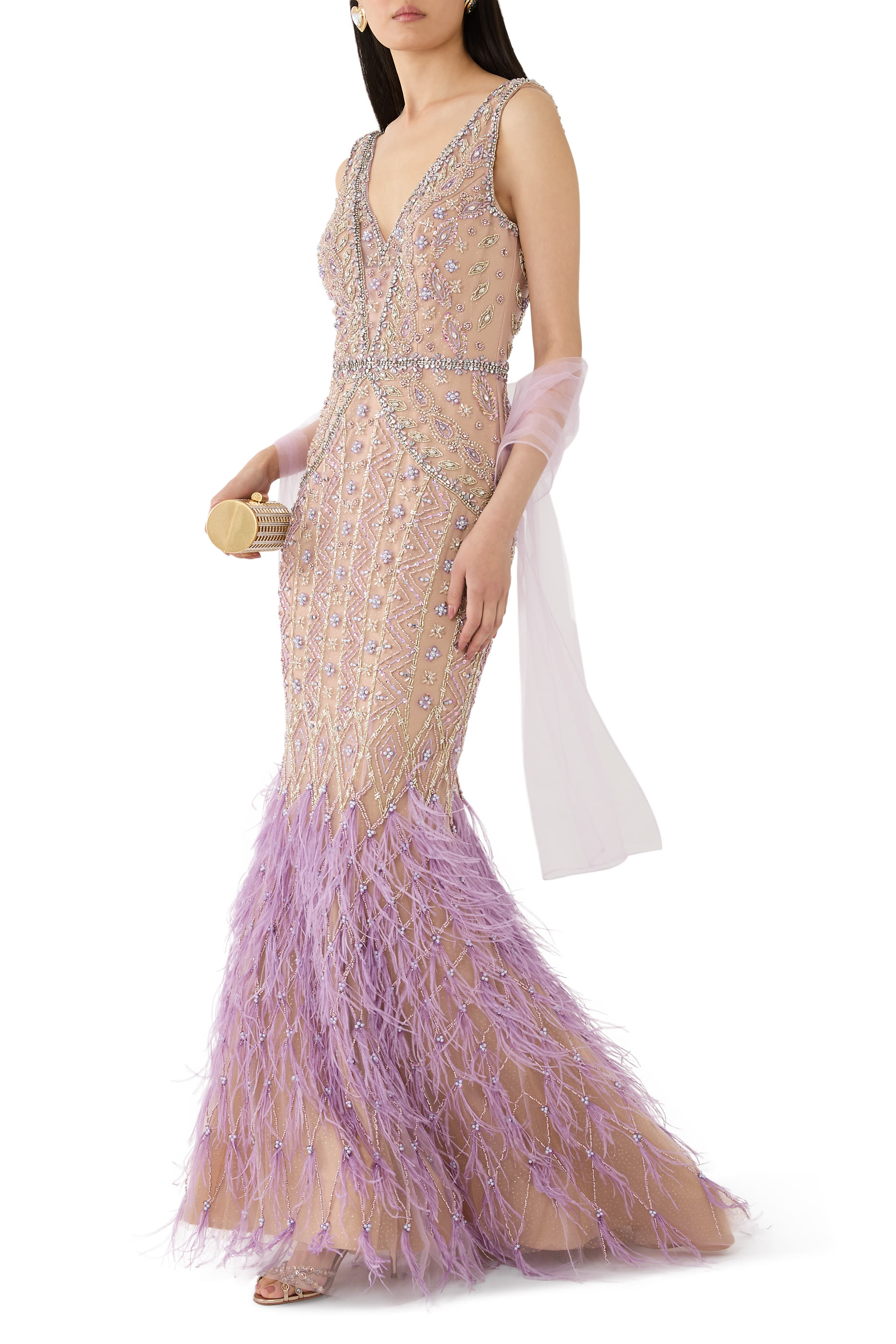 Feather Trim Embellished Evening Dress