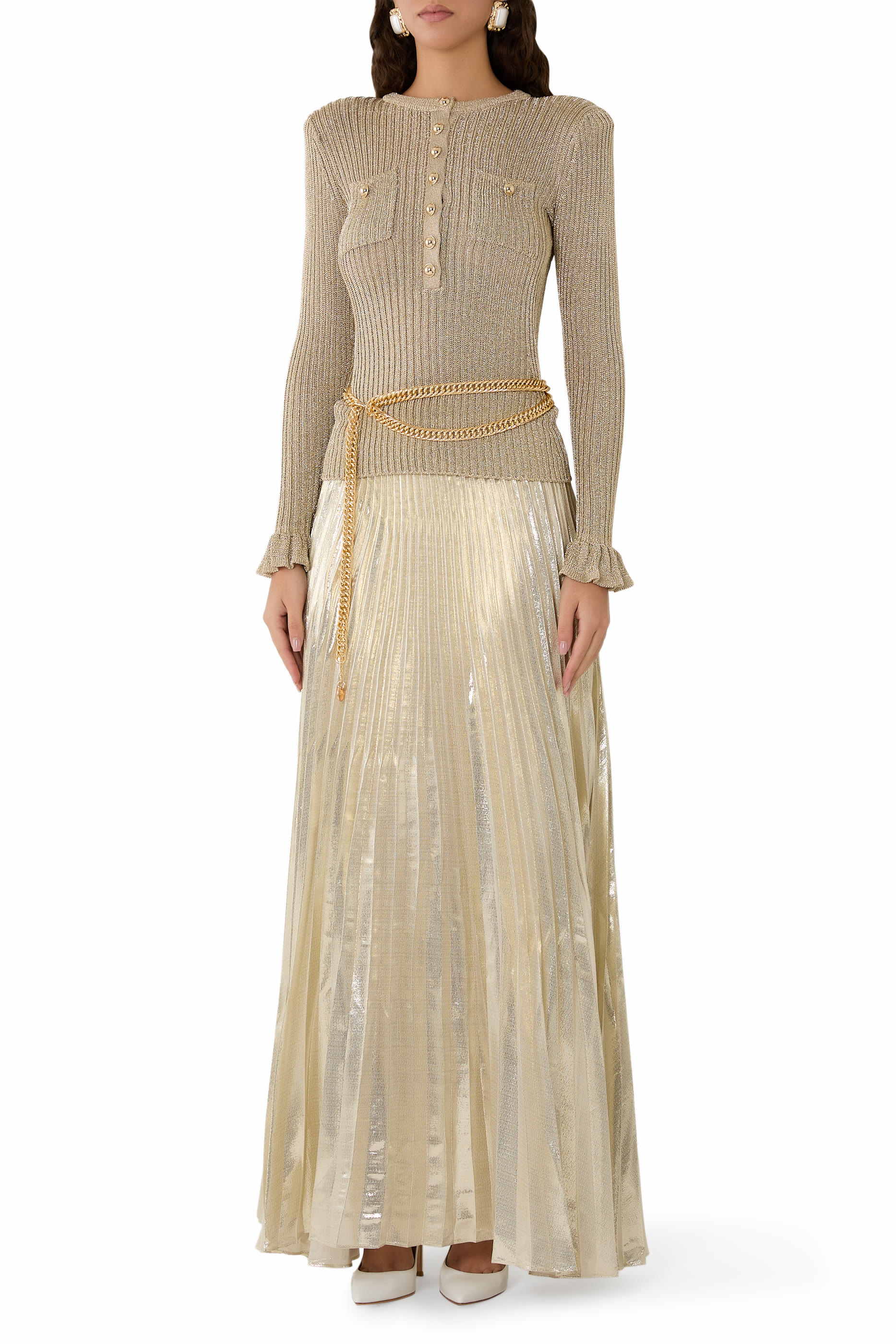 Gold Lurex Ribbed Knit Maxi Dress 