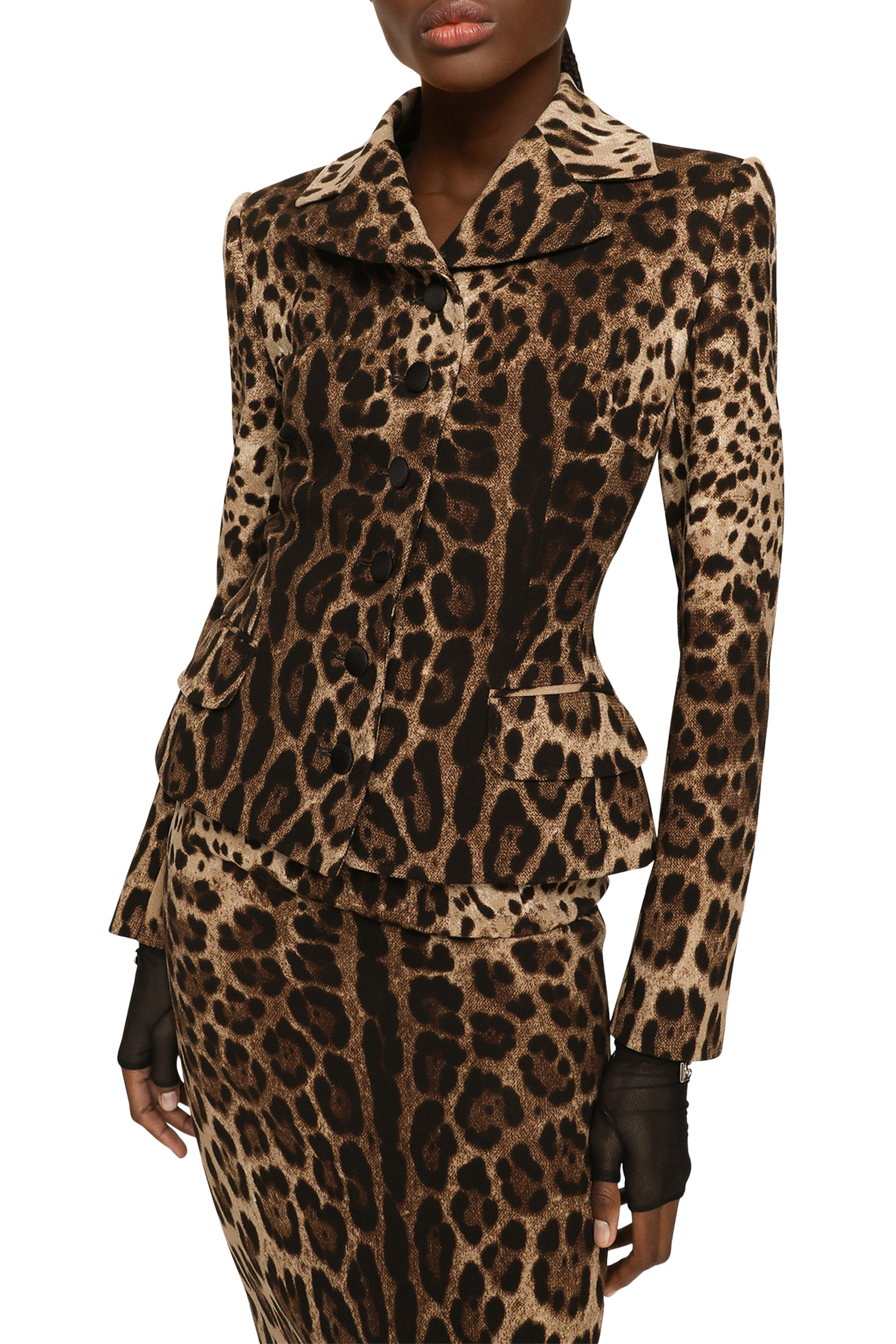 Single-Breasted Double Crepe Jacket with Leopard Print