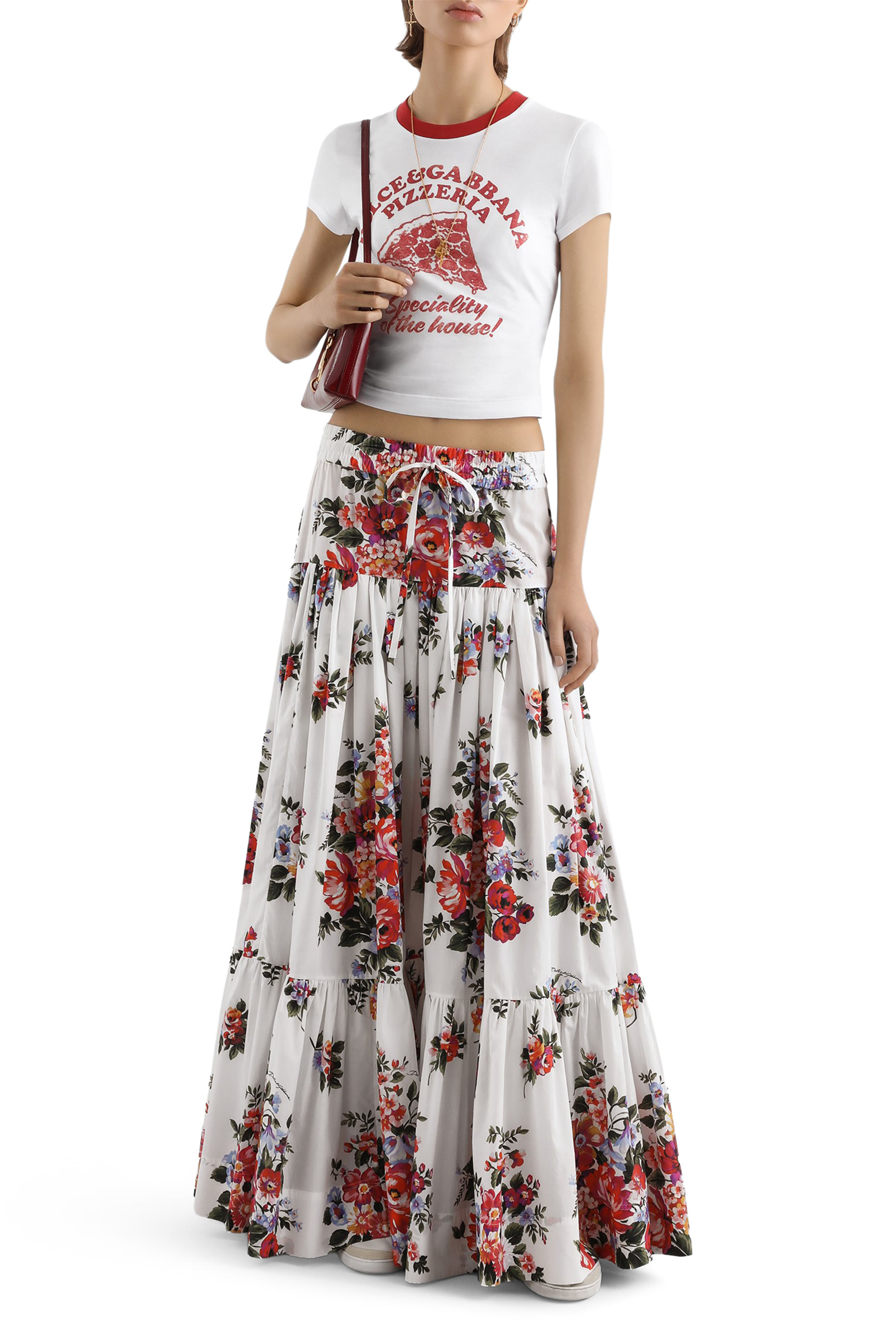 Flower Bouquet-Print Poplin Long Skirt