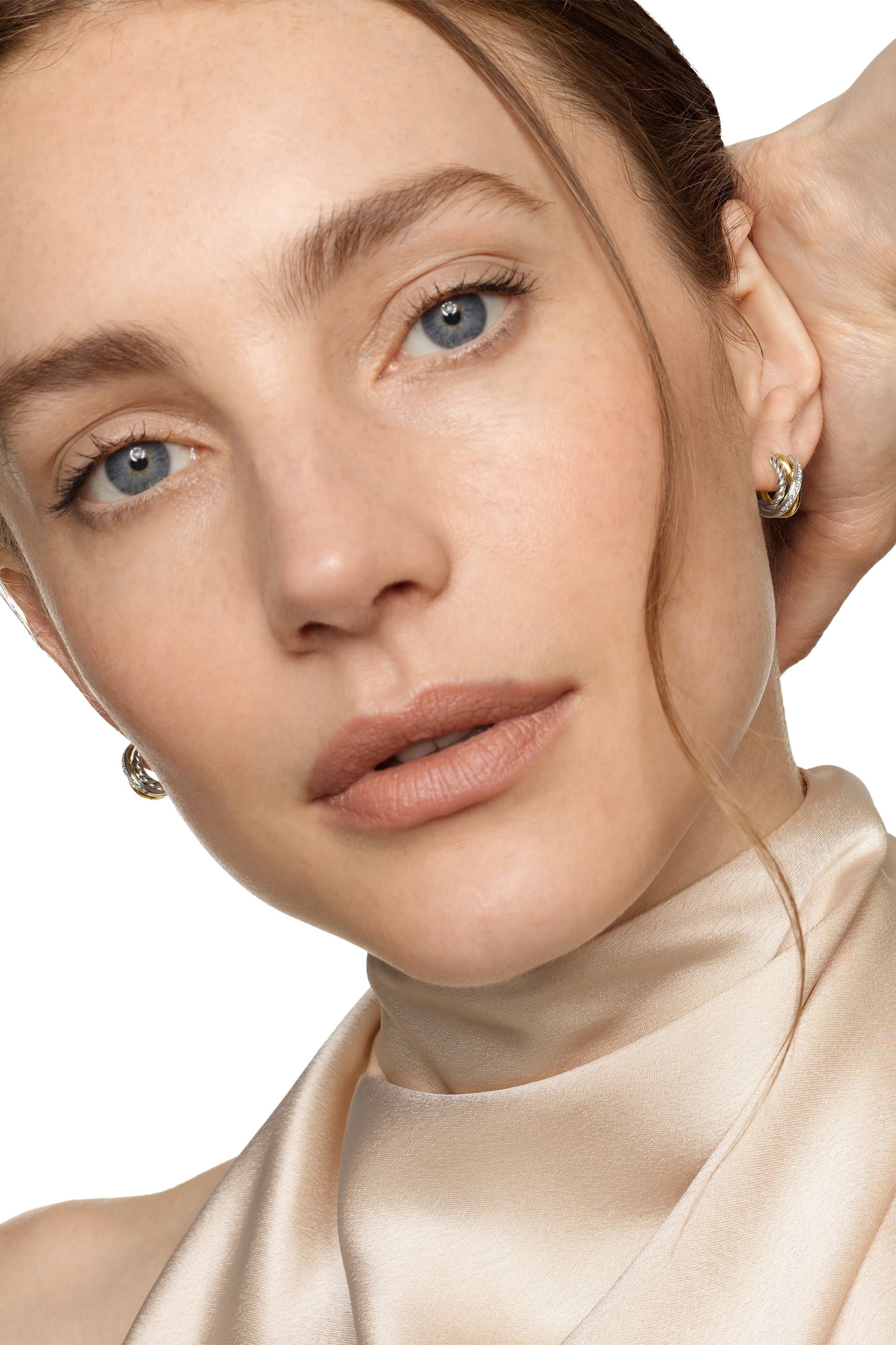 Crossover Three-Row Huggie Hoop Earrings, 18k Yellow Gold, Sterling Silver & Diamonds