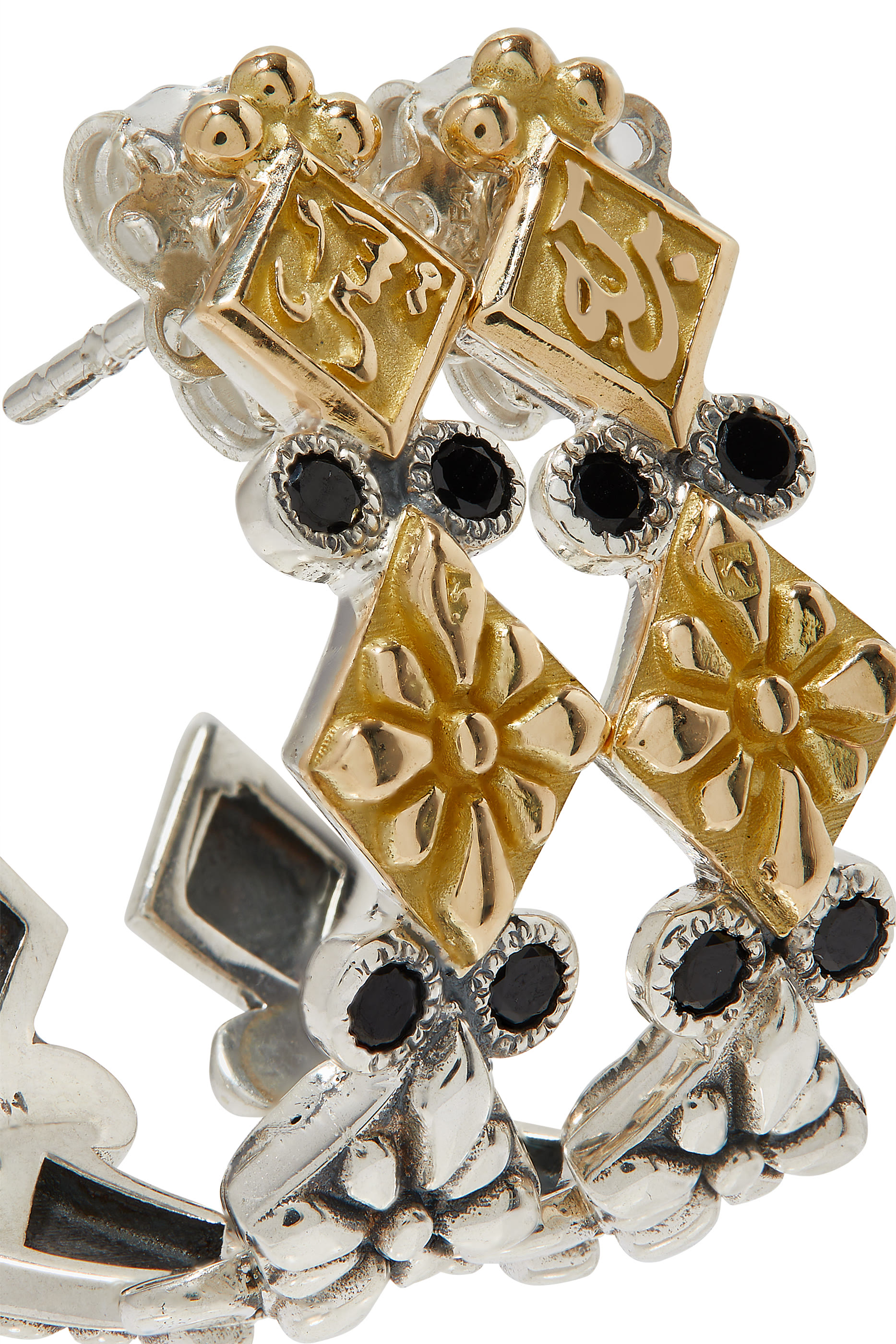 Floral Tribal Hoop Earrings, 18k Yellow Gold & Sterling Silver