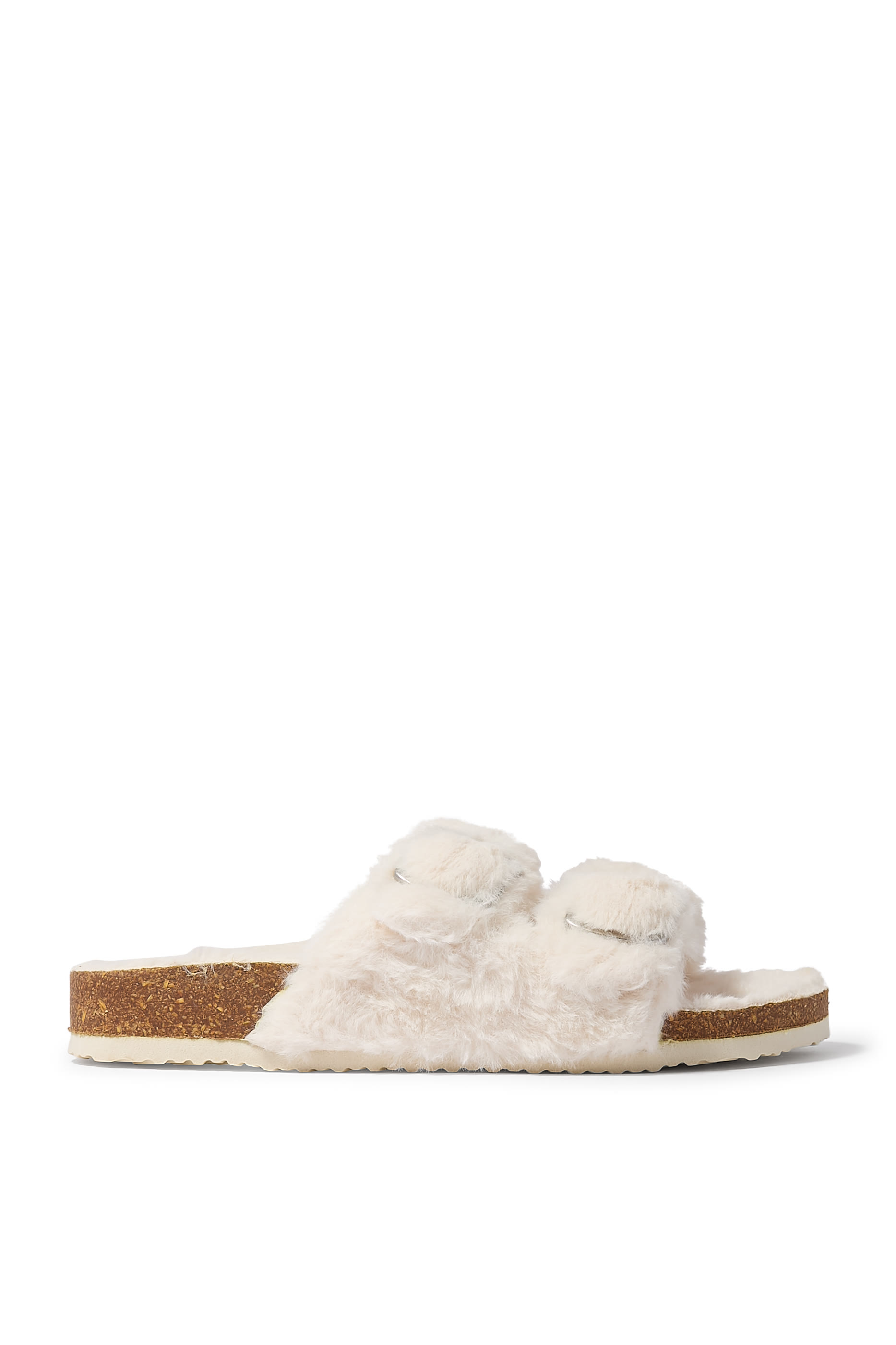 Faux Fur Buckle Cork Slider Slippers