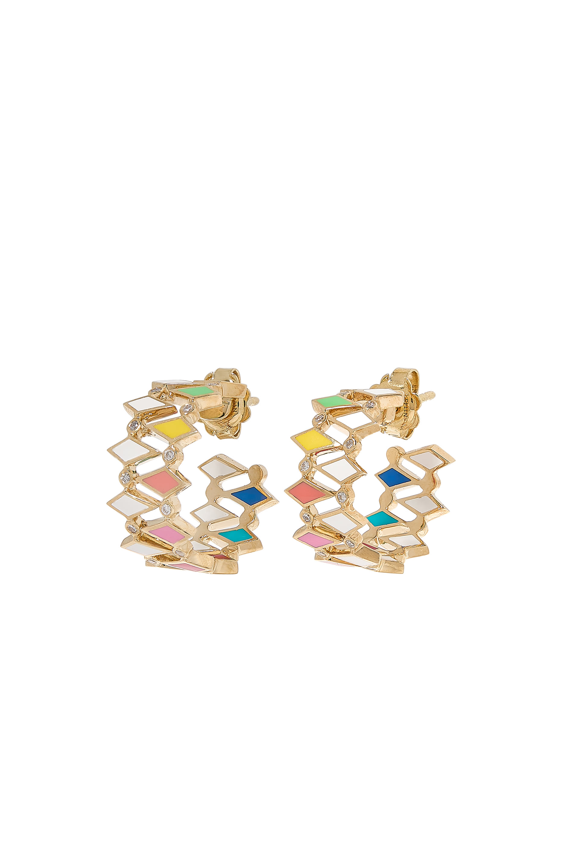 Mosaic Earrings, 18k Yellow Gold & Diamonds, Enamel