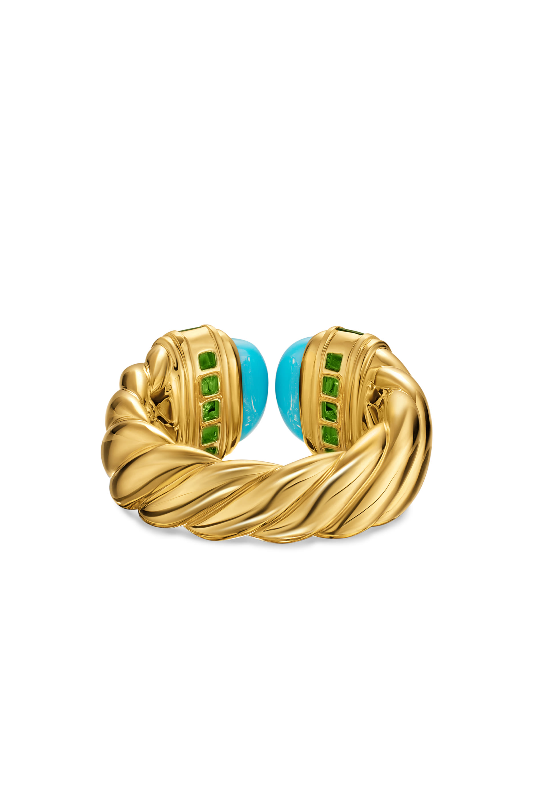 Sculpted Cable Open Cocktail Ring, 18K Yellow Gold with Turquoise & Tsavorites