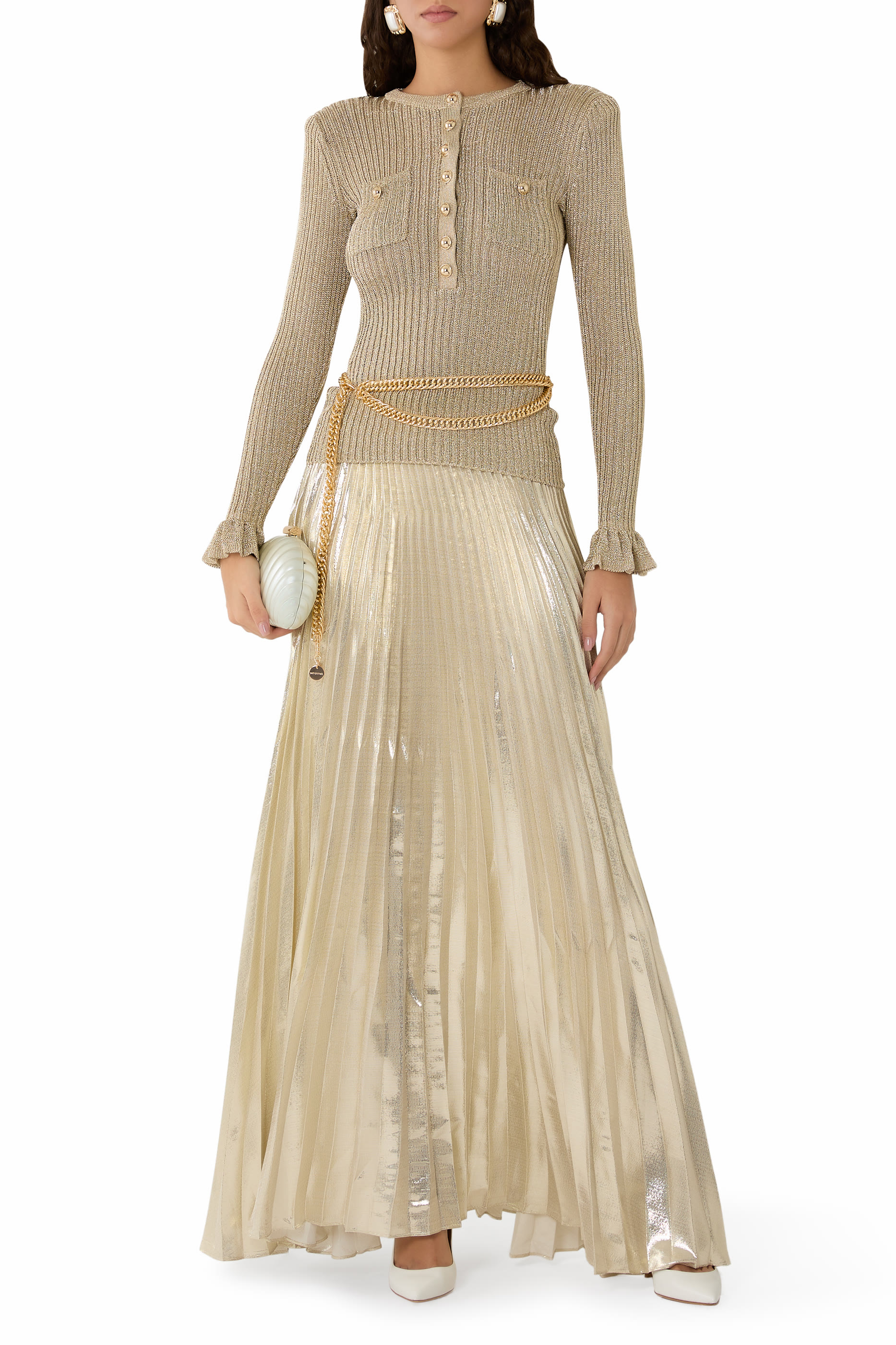 Gold Lurex Ribbed Knit Maxi Dress 