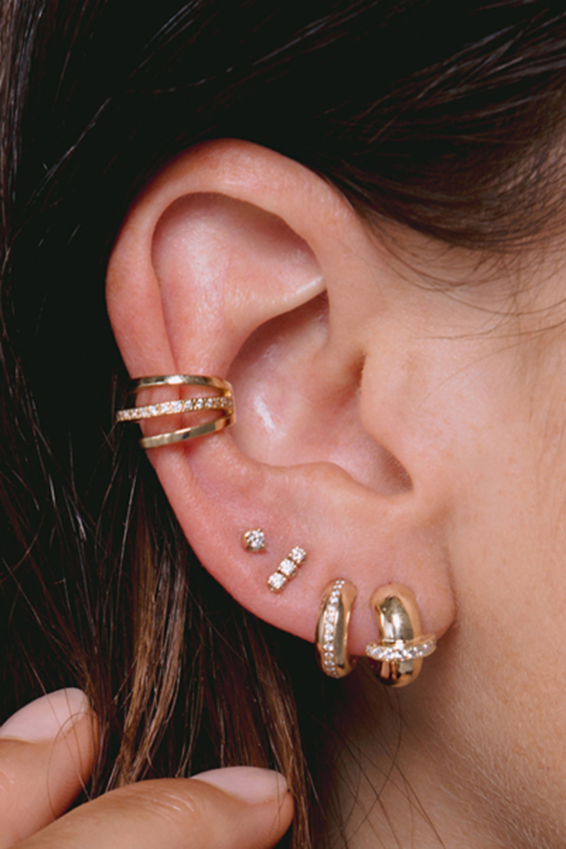 3 Prong Diamond Bar Studs, 14K Yellow Gold