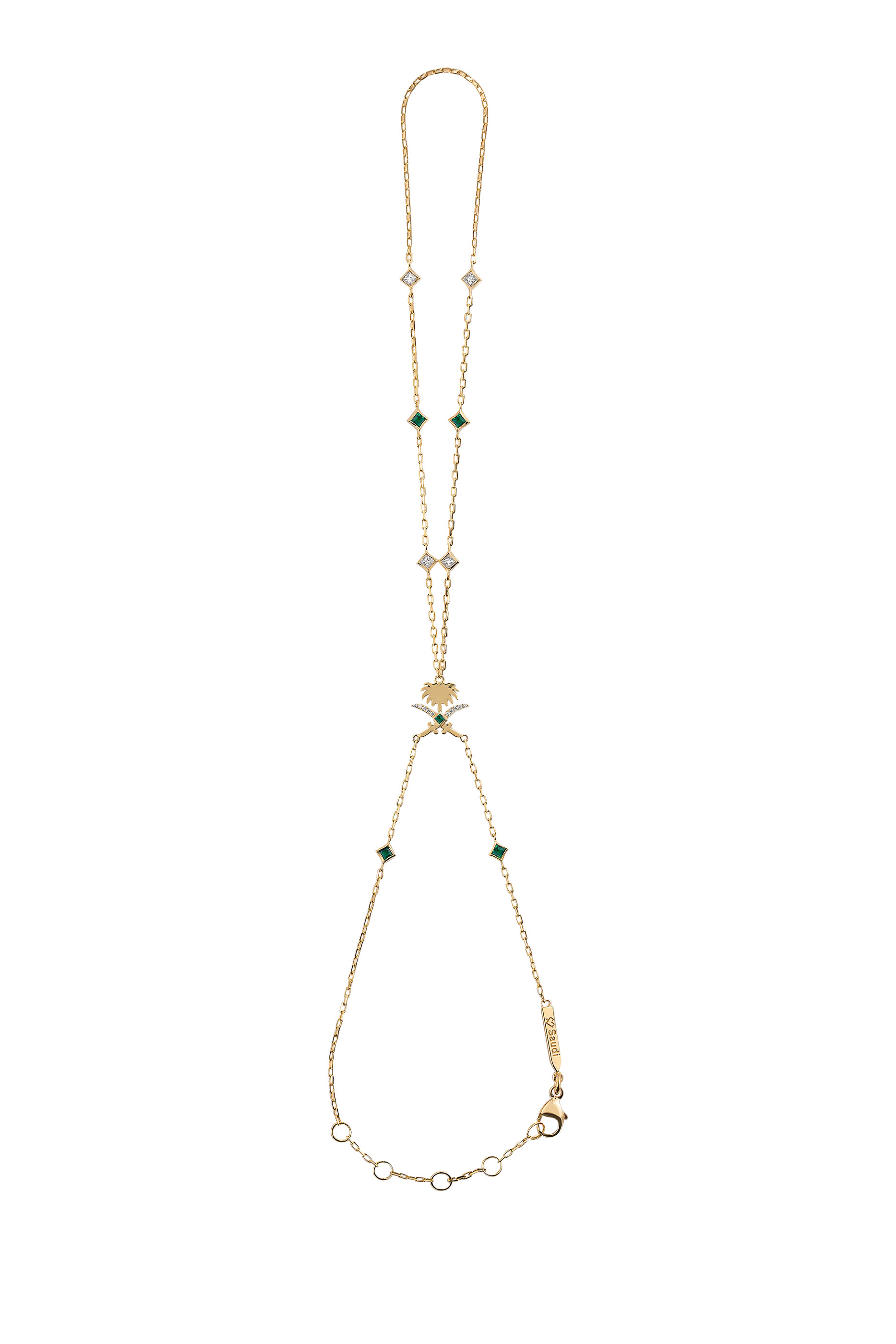 Turathi Hand Chain, 18k Yellow Gold & Diamonds, Emerald