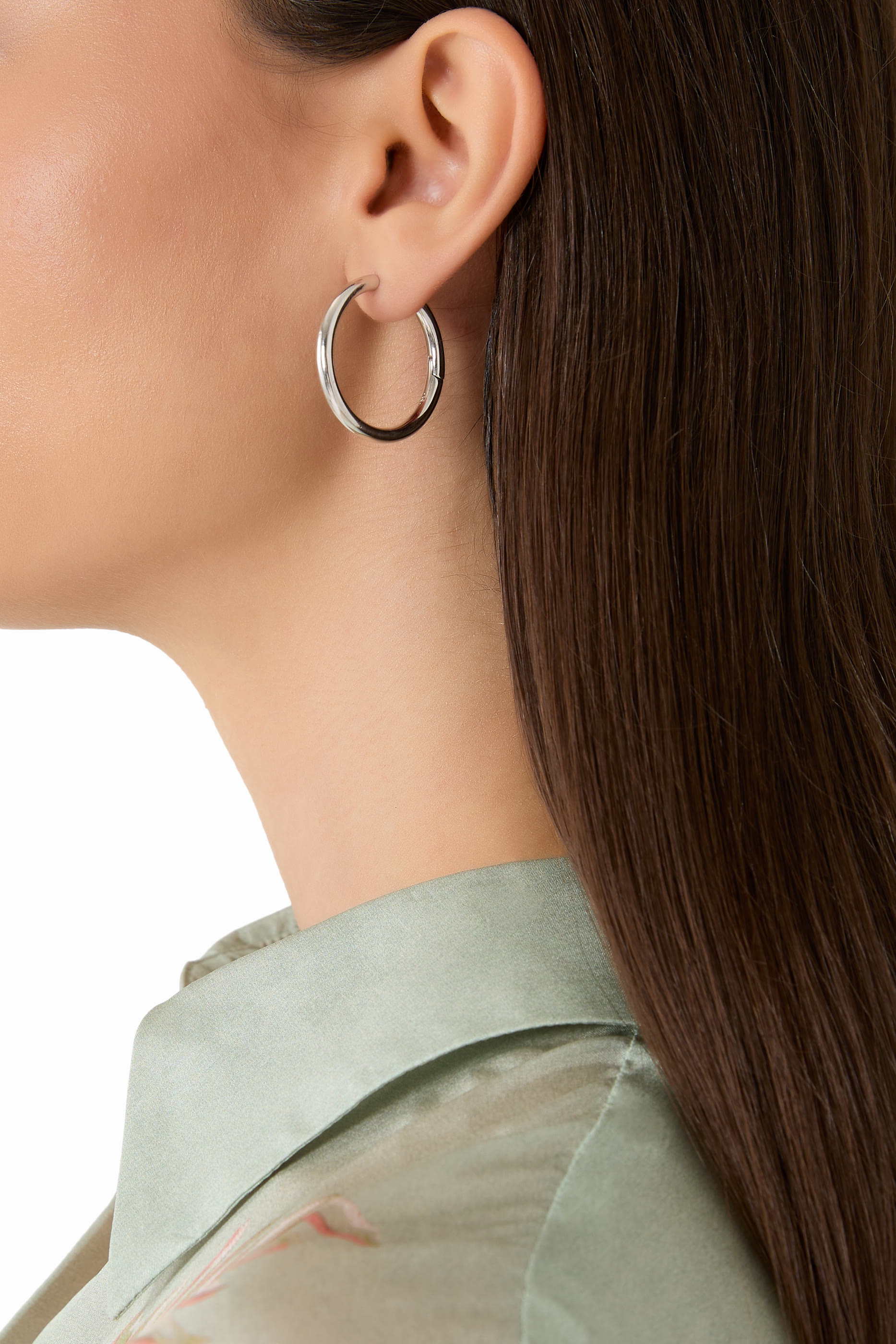 Classic Tunnel Medium Hoop Earrings, Rodium-Plated Brass