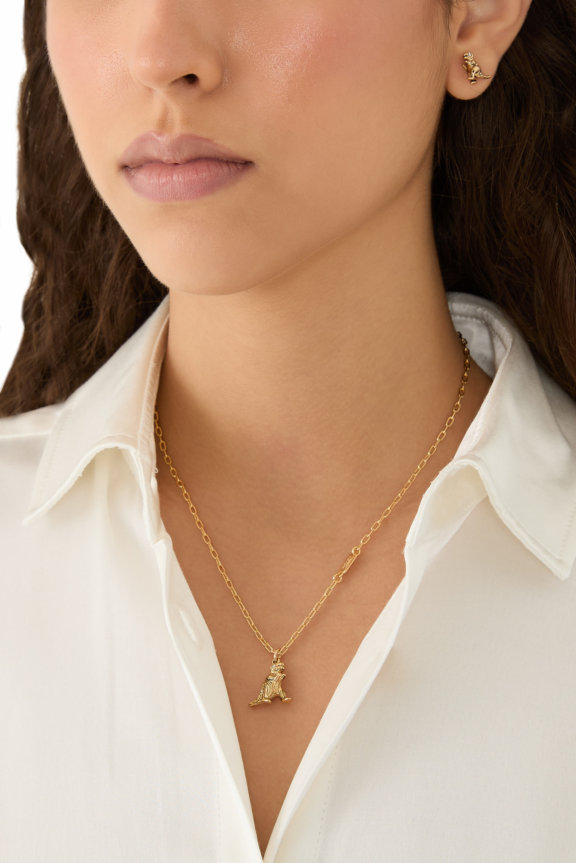 Rexy Dino Stud Earrings, Brass, Titanium & Glass, Cubic Zirconia