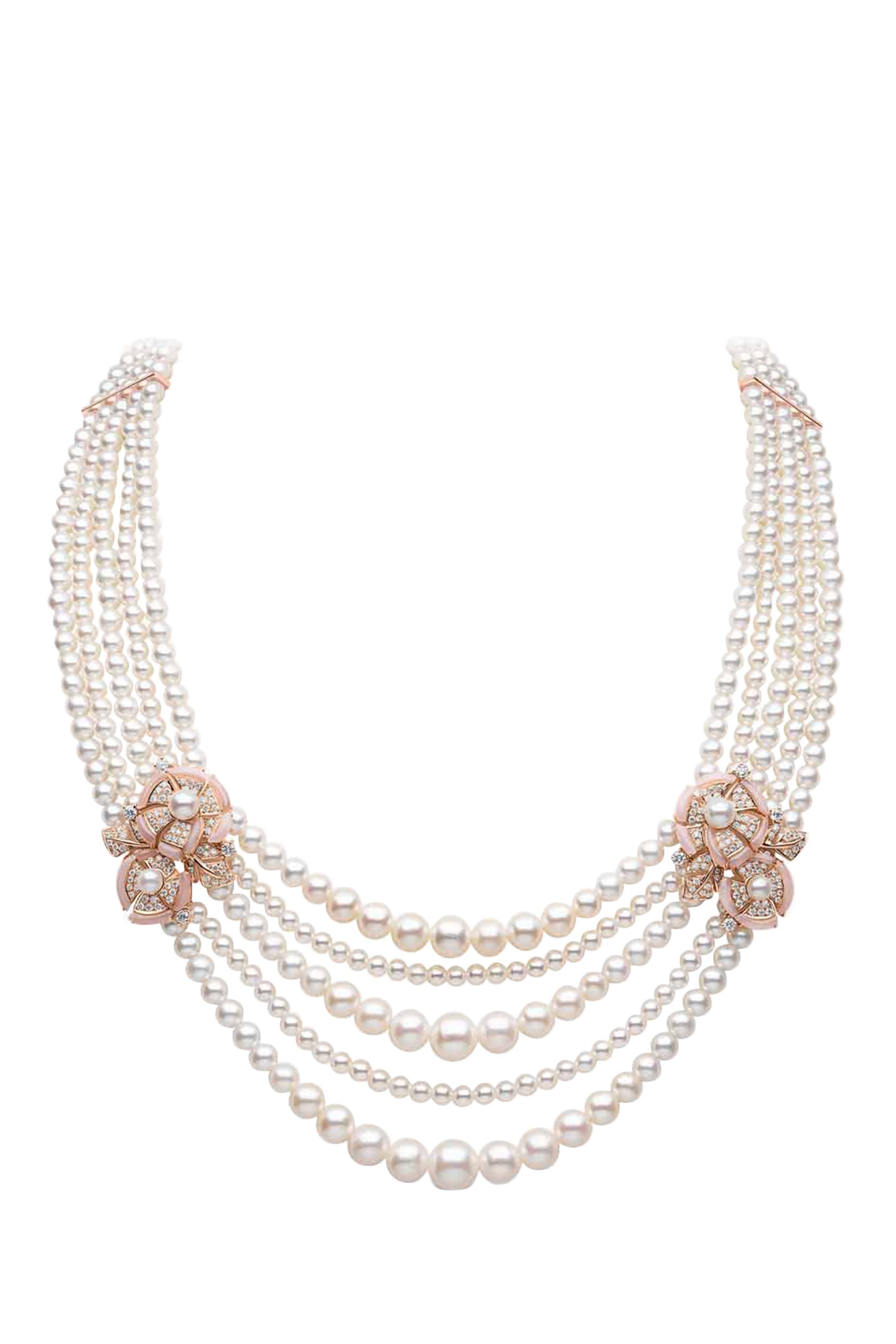 Cleopatra Necklace, 18K Rose Gold with Freshwater Pearls, Pink Opal & Diamonds