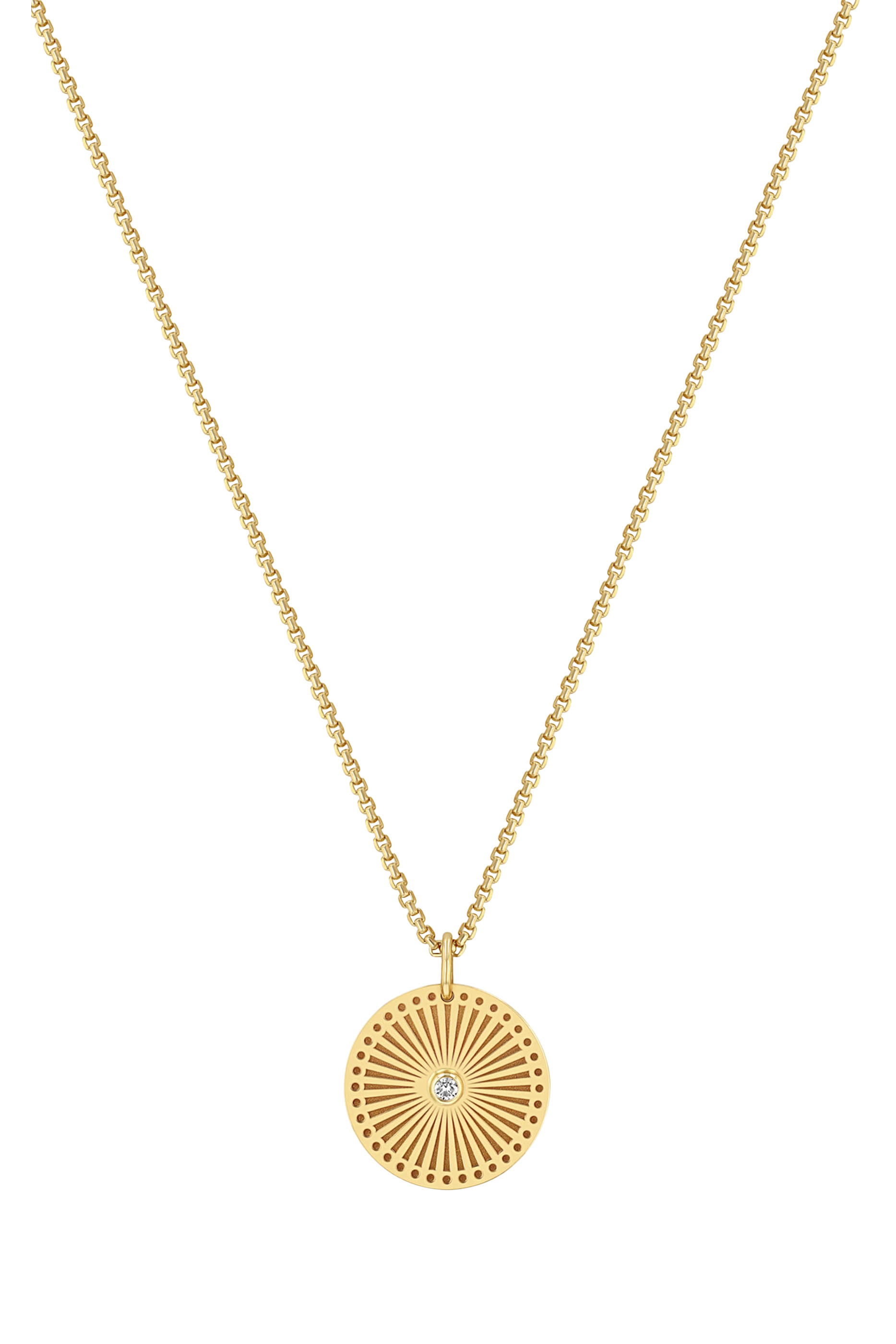 Small Sunbeam Medallion Necklace, 14K Yellow Gold & Diamond