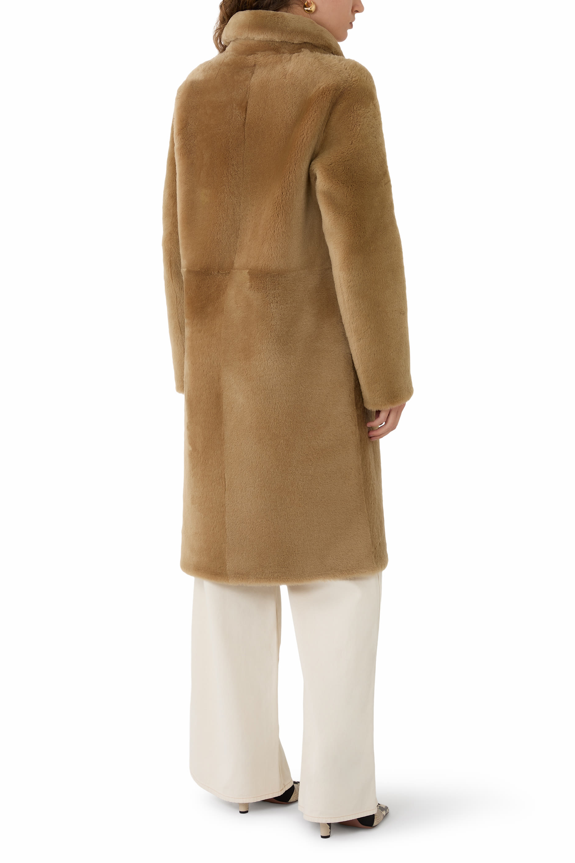 Notched-Lapel Slip-Pocket Shearling Coat