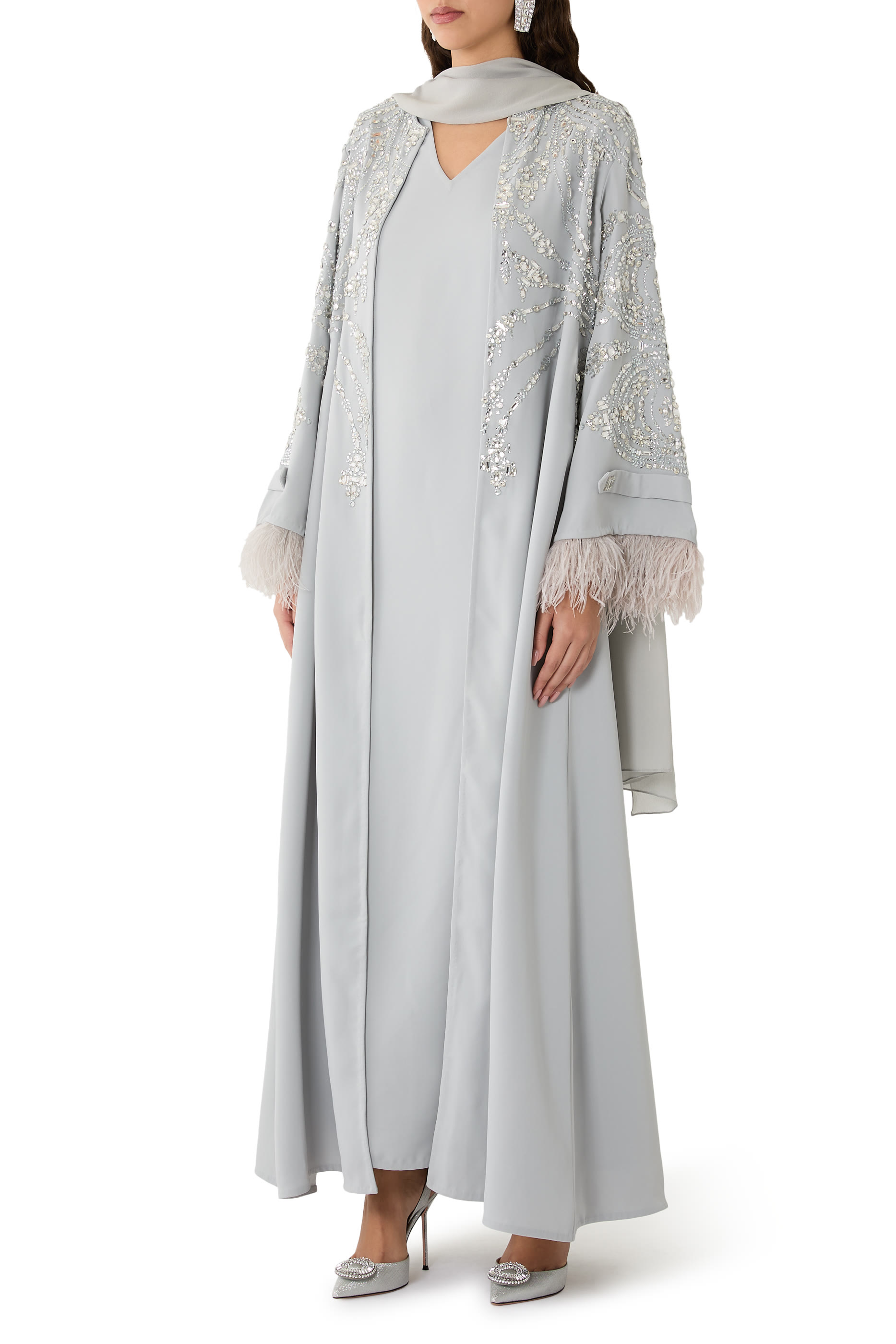 Thick Satin Crystal and Fringed Scarf Jalabiya