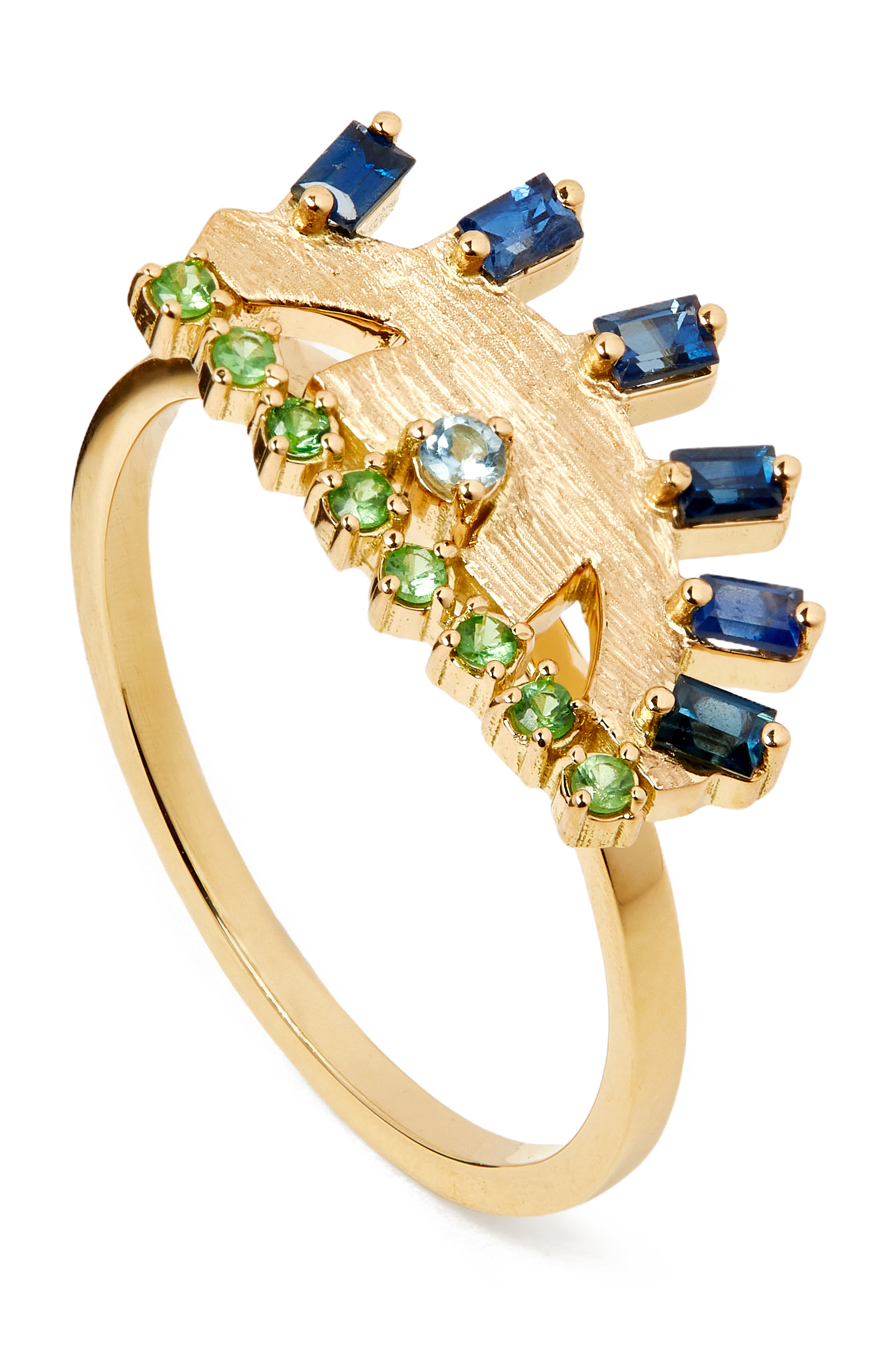  Ya Ein Ring, 18K Yellow Gold with Blue Topaz, Emerald & Sapphire 