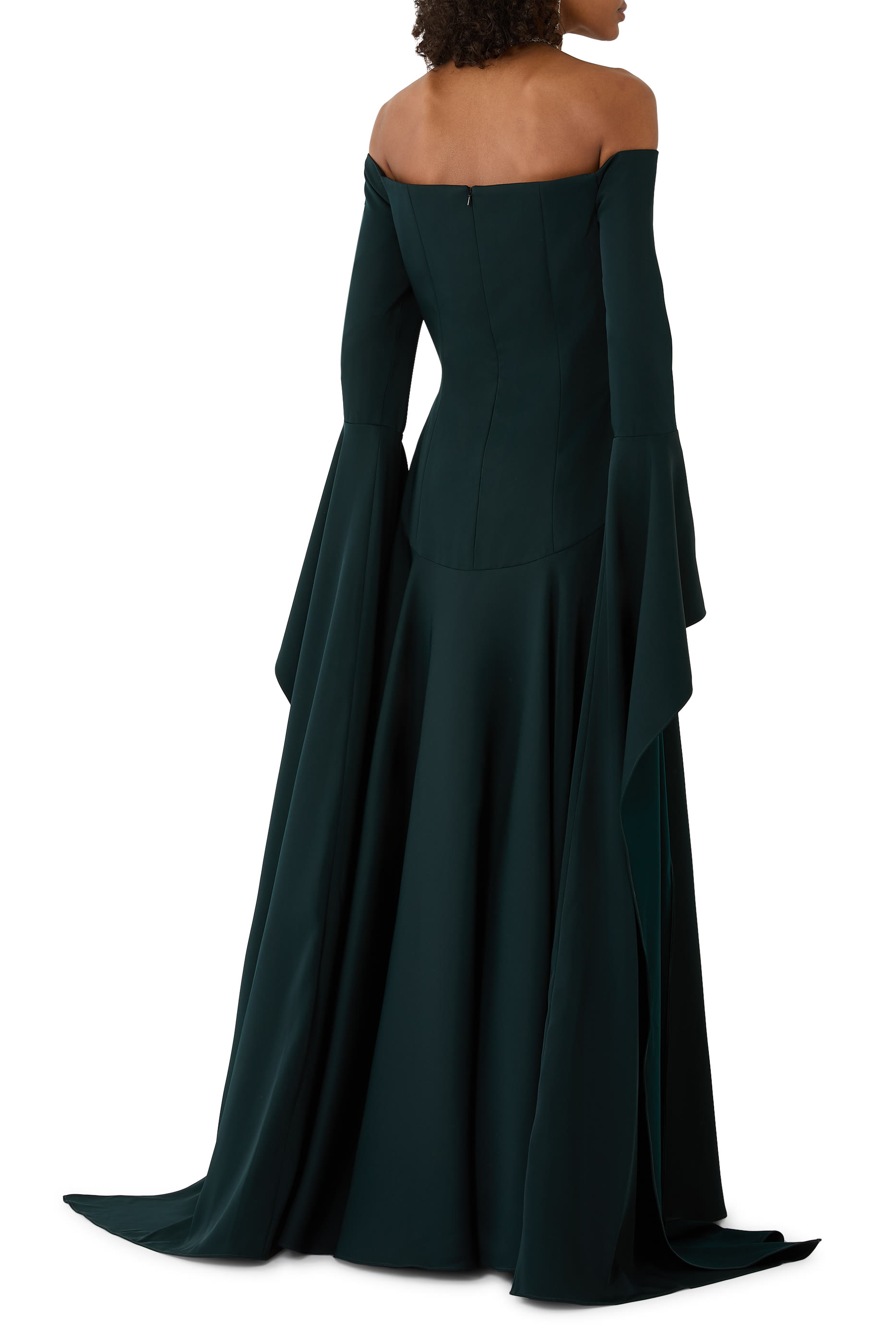 Off-Shoulder Statement Sleeve Crepe Gown
