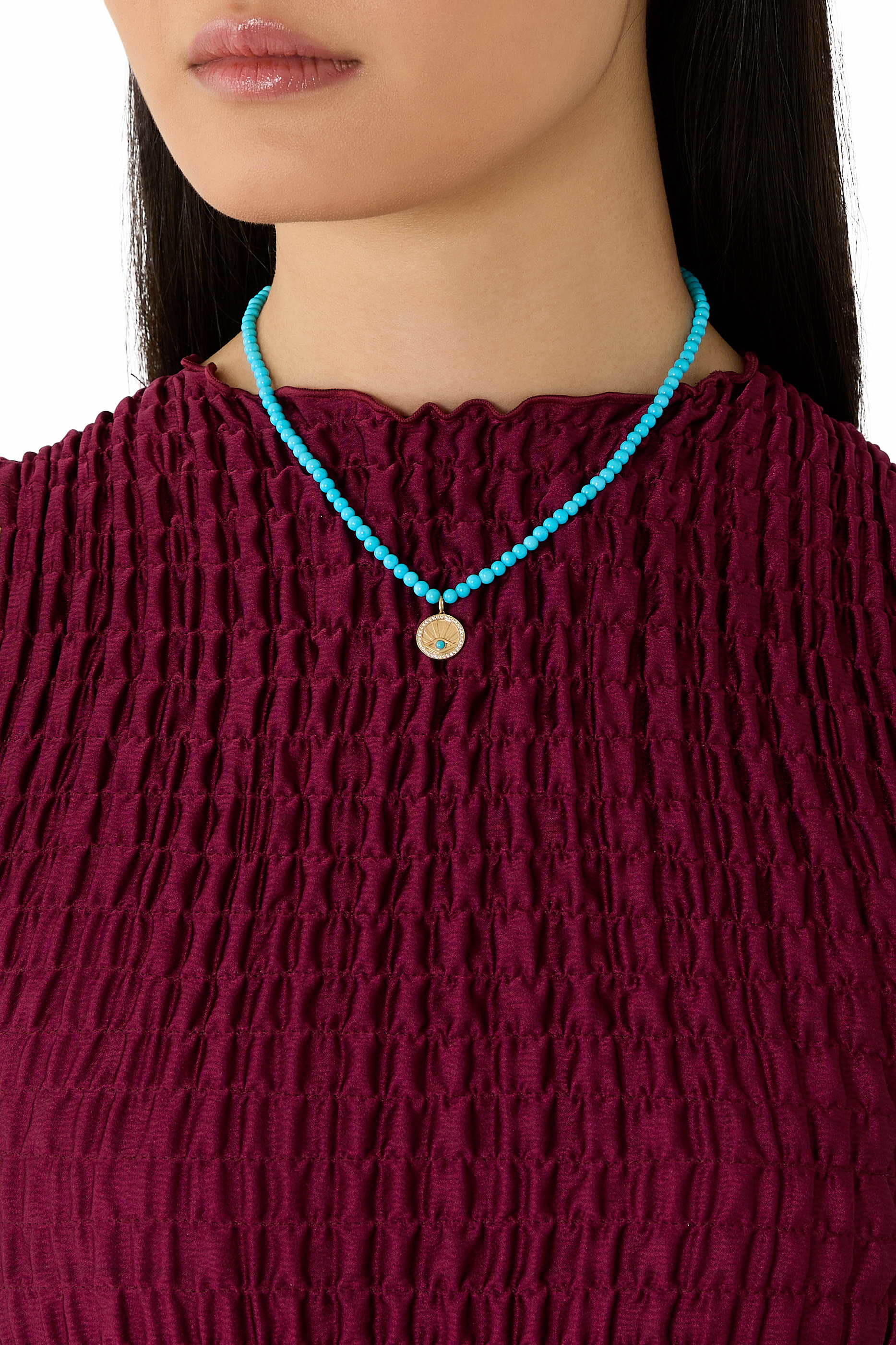 Eye Coin Necklace, 14k Yellow Gold & Turquoise, Diamond