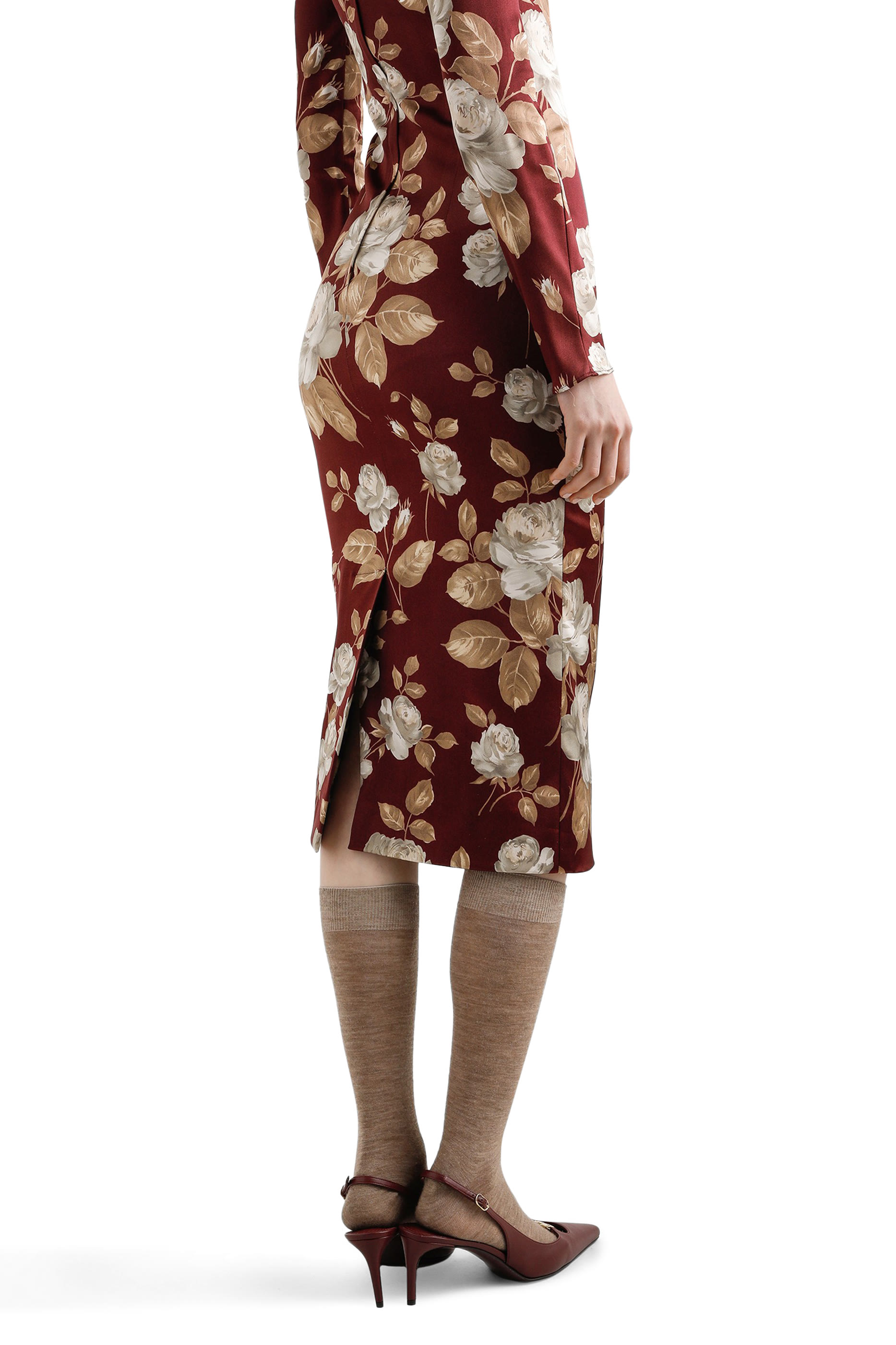 Vintage Rose-Print Satin Dress