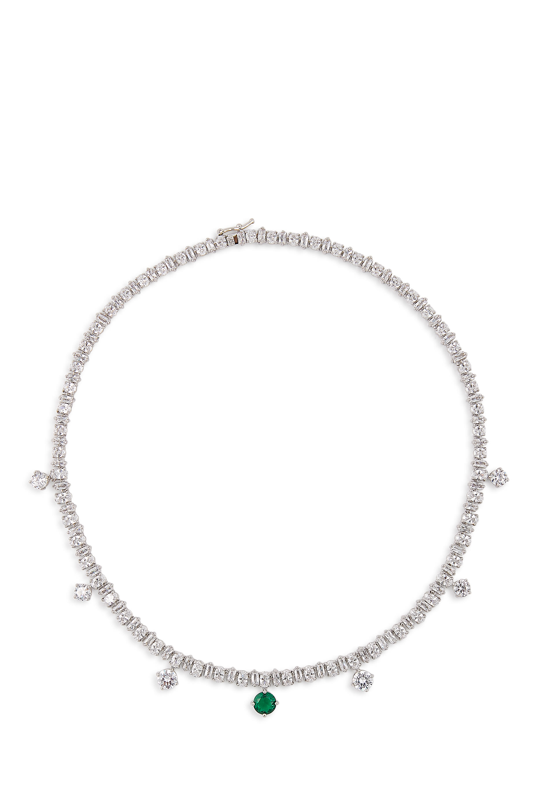 Emerald Drop CZ Tennis Necklace,  Rhodium-Plated Brass & Cubic Zirconia