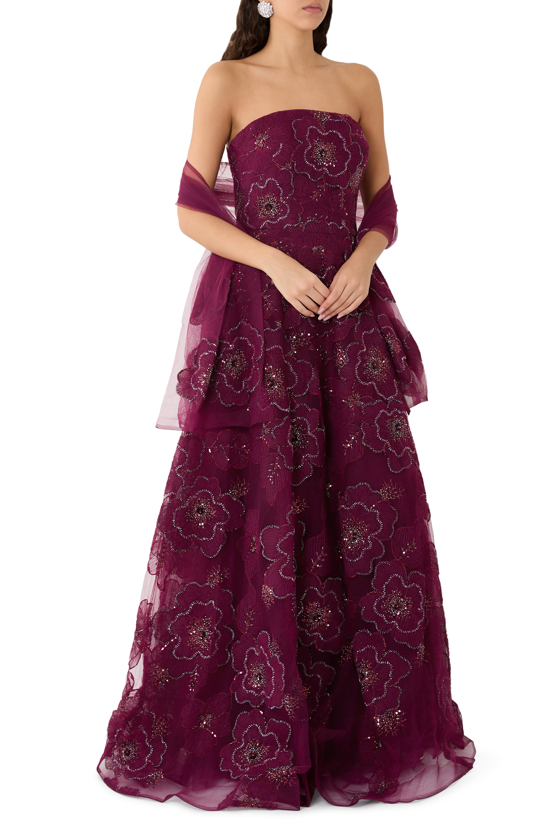 Strapless Ball Gown with Beaded Floral Appliqu&eacute;s 