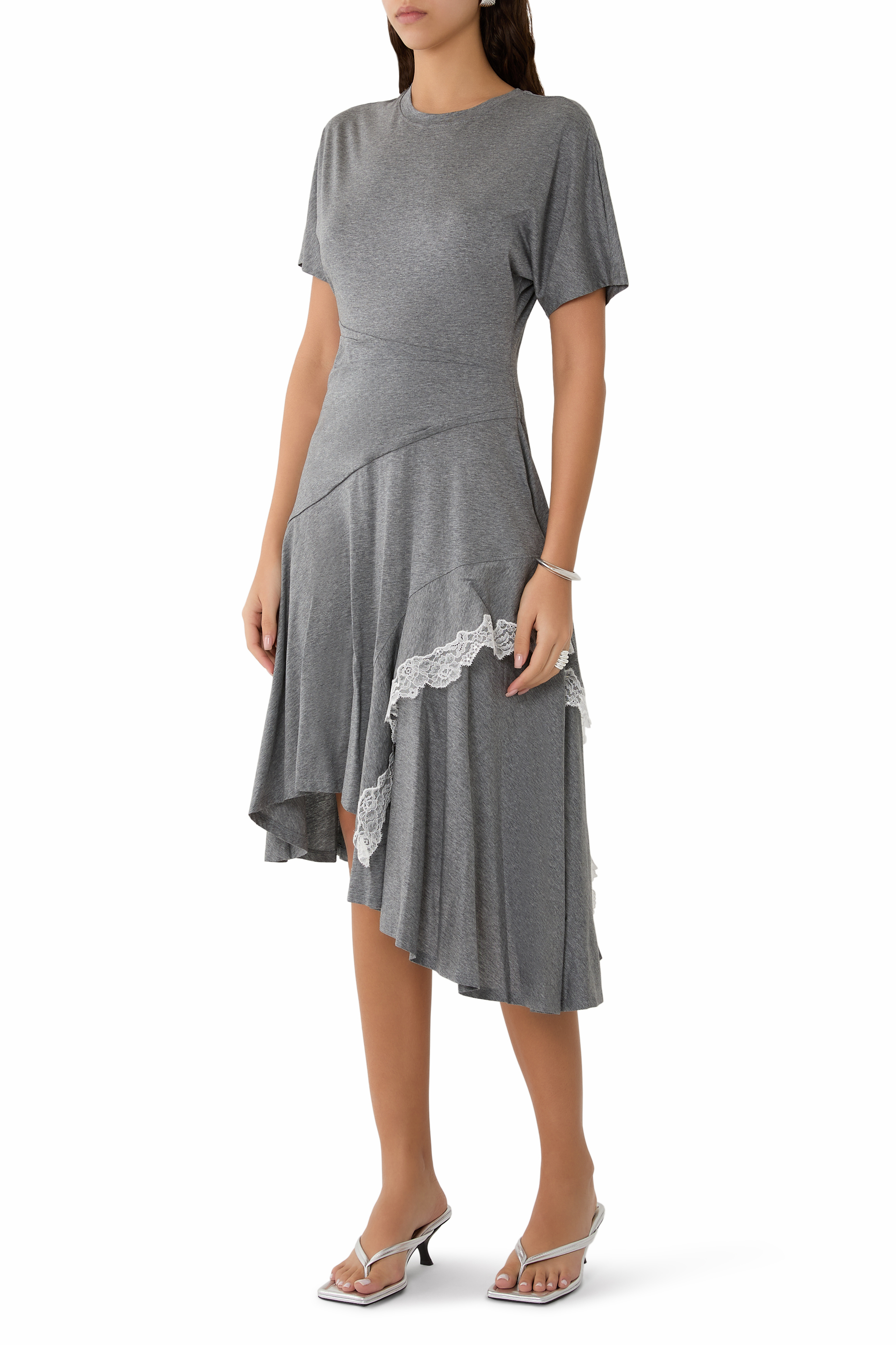 Lace Trim Short Sleeves Draped Dress