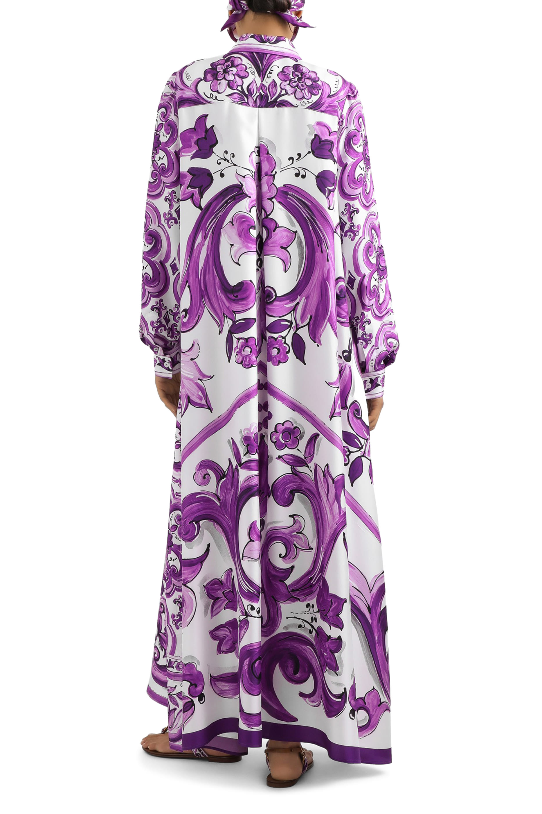 Majolica-Print Long Twill Shirt Dress