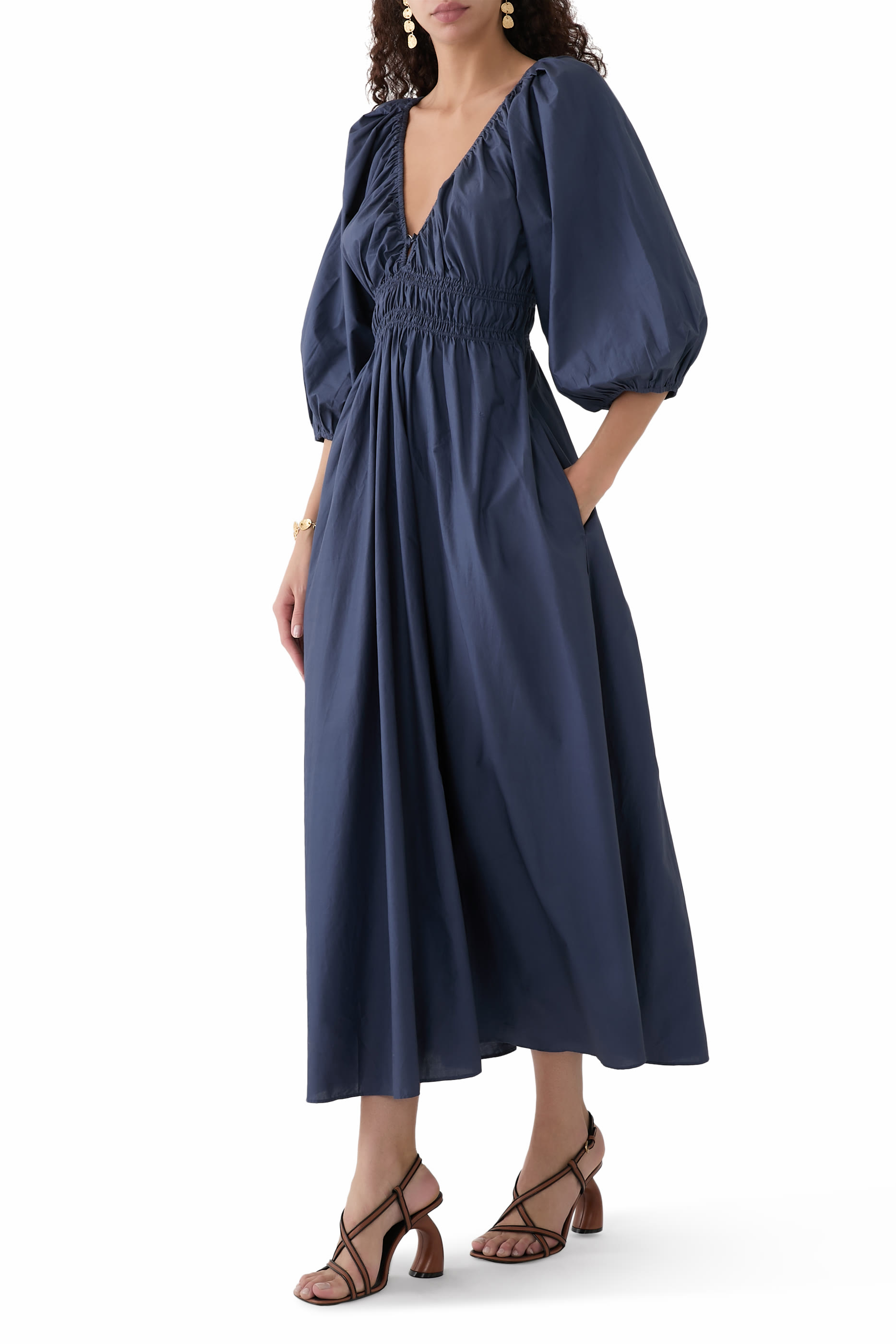 Shirred Plunge Button Dress