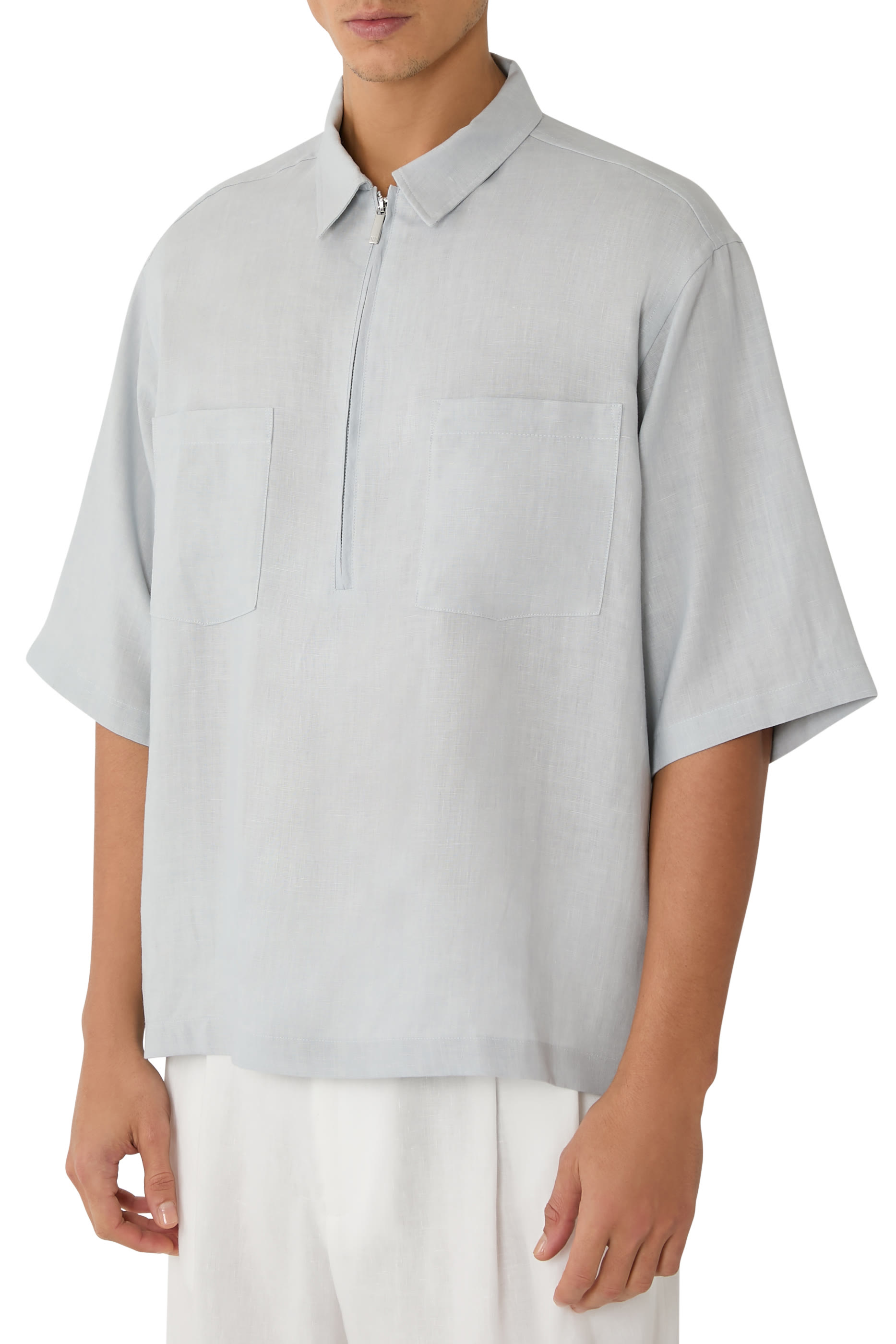 Pure Linen Shirt With Partial Zip