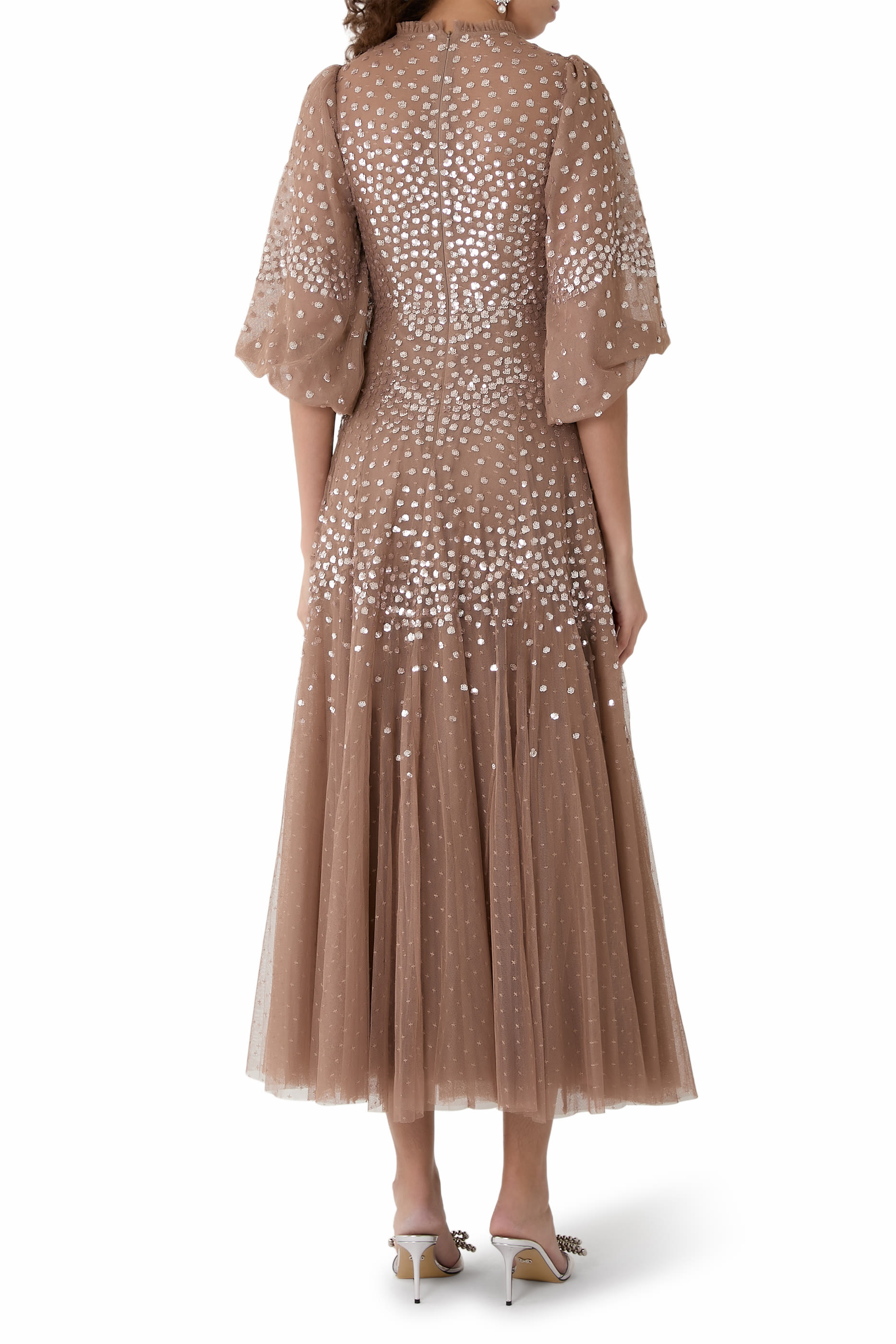 Scallop Sequin Round Neck Ankle Gown