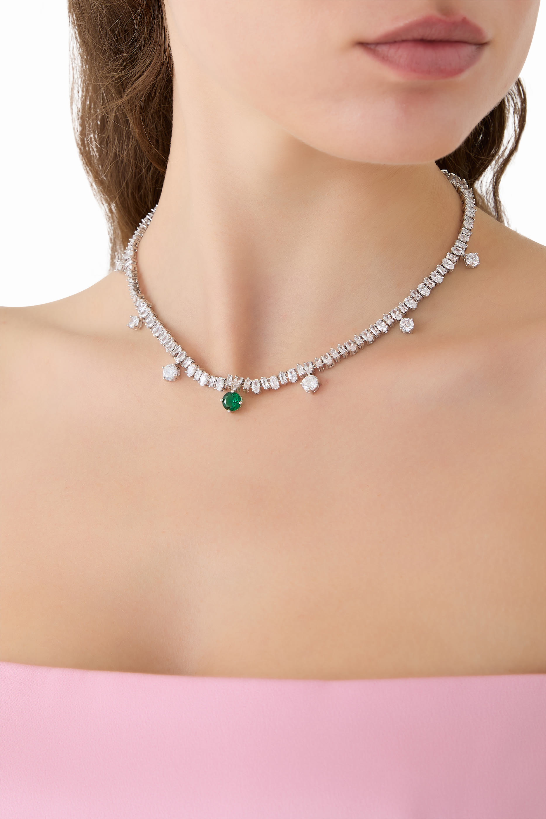 Emerald Drop CZ Tennis Necklace,  Rhodium-Plated Brass & Cubic Zirconia