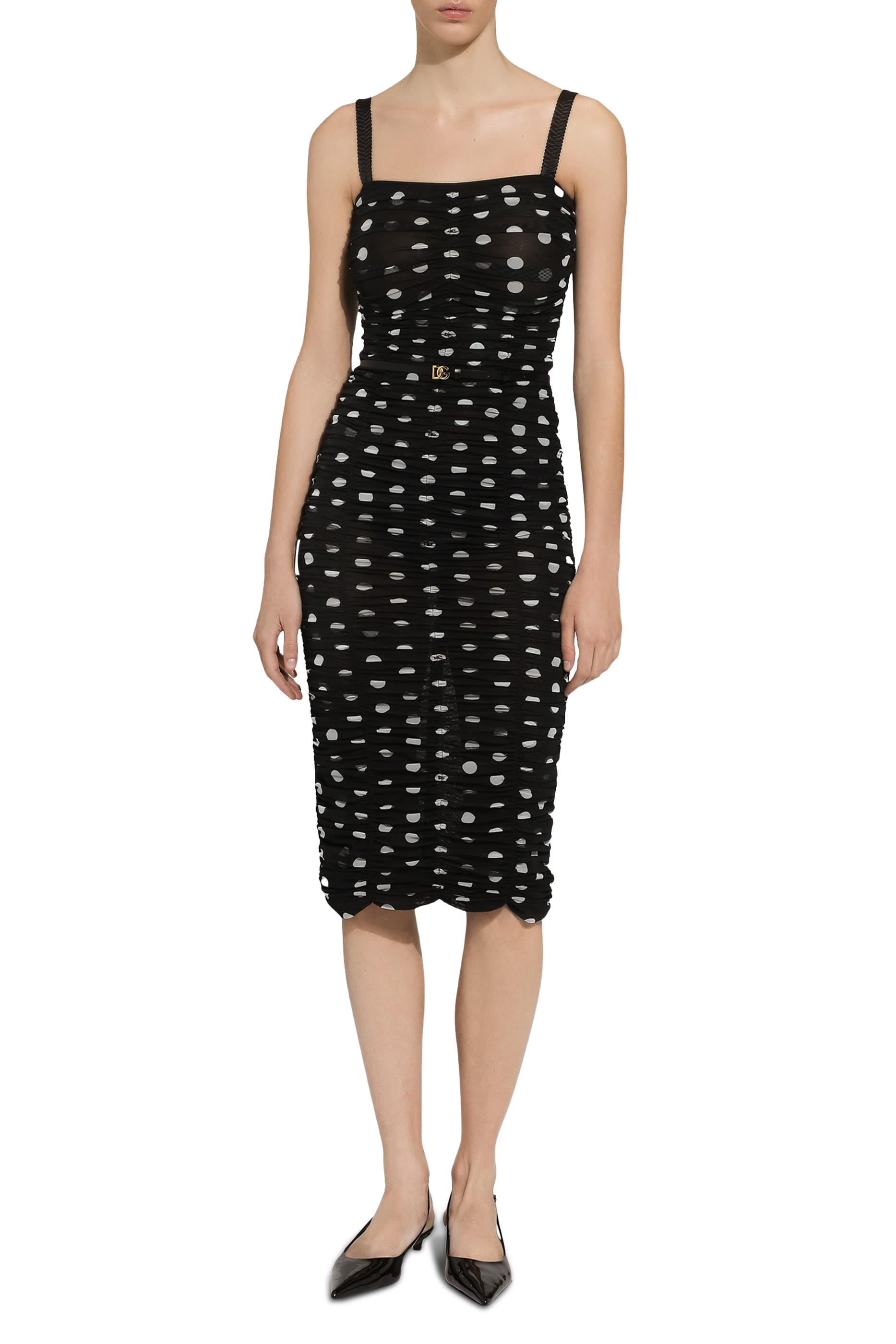Tulle Calf-Length Sheath Dress with Draping and Polka-Dot Print