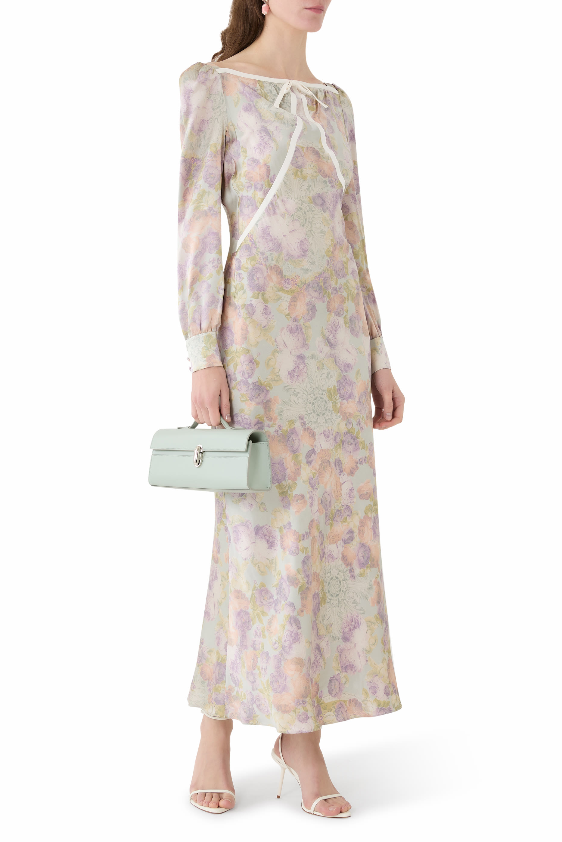 Print Silk Satin Midi Dress with Bow 