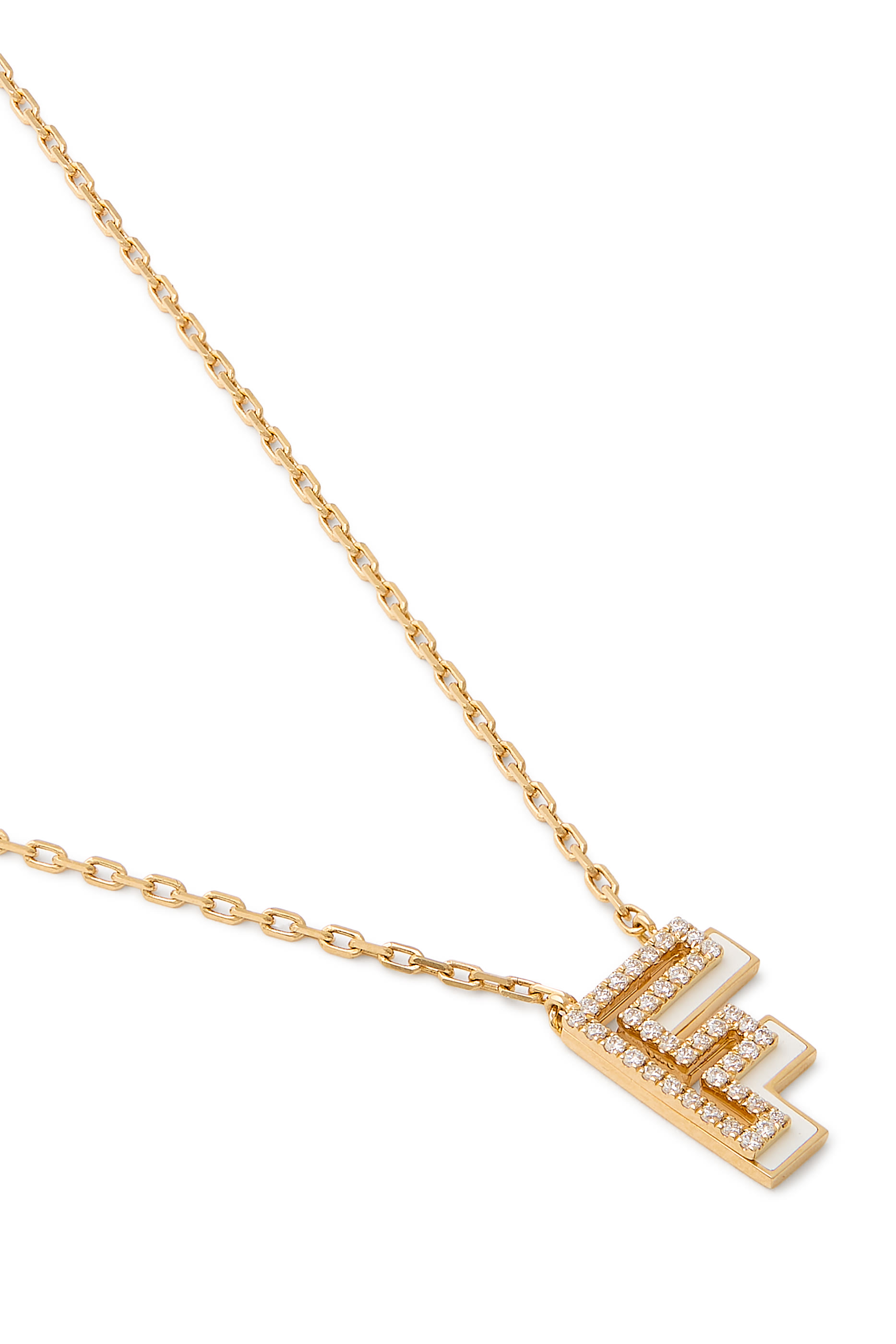  Letter F Silhouette Necklace,  18k Yellow Gold with Diamonds & Enamel