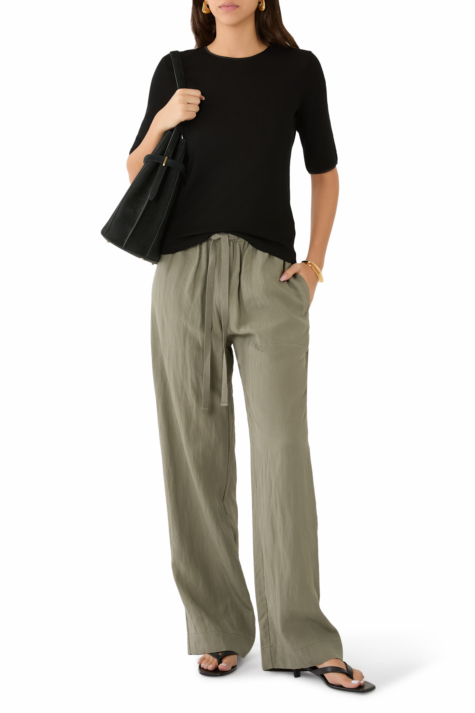 Satin-Trim Wool Elbow-Sleeve T-Shirt 