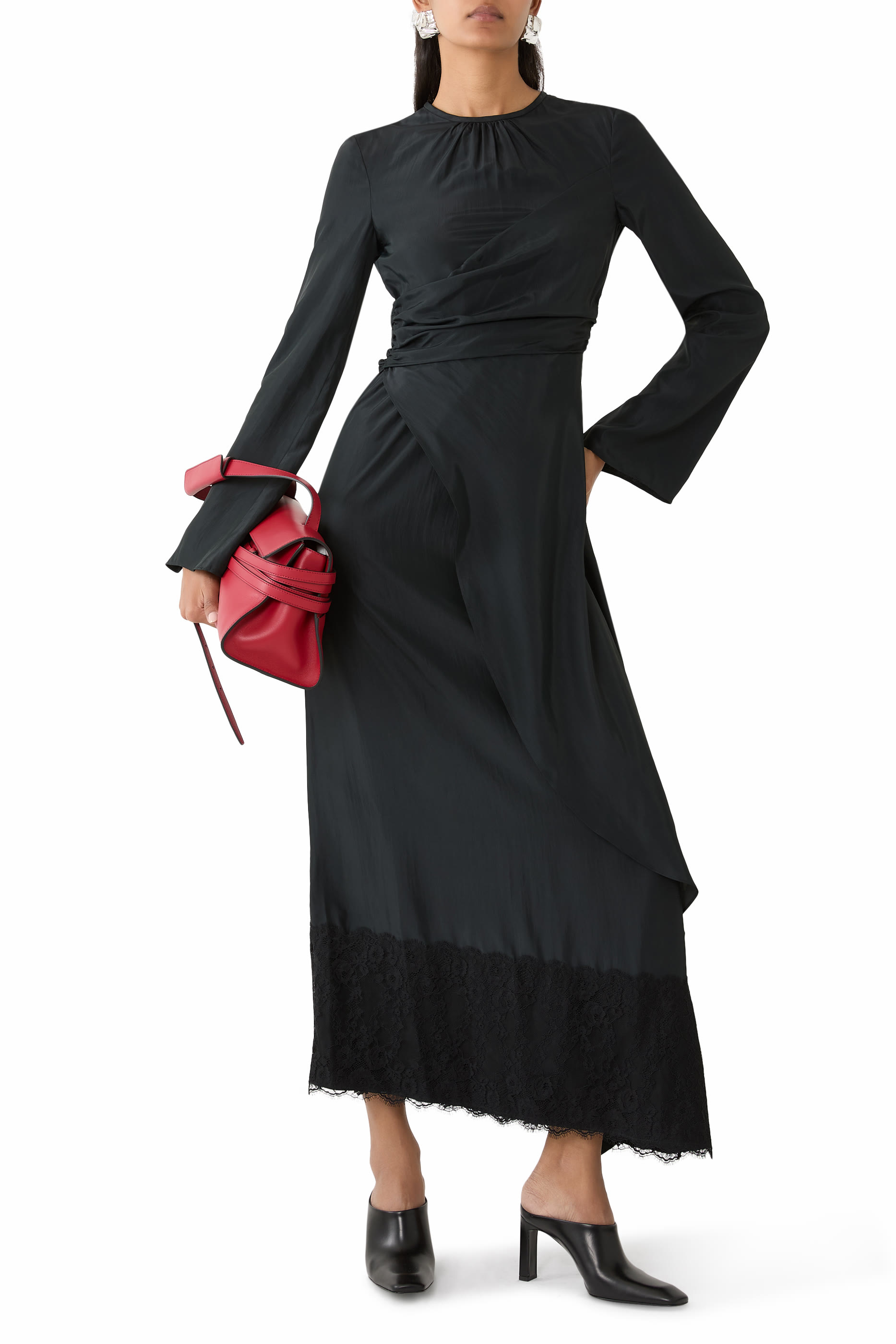 Lace Touch Habutai Long Sleeve Maxi Dress