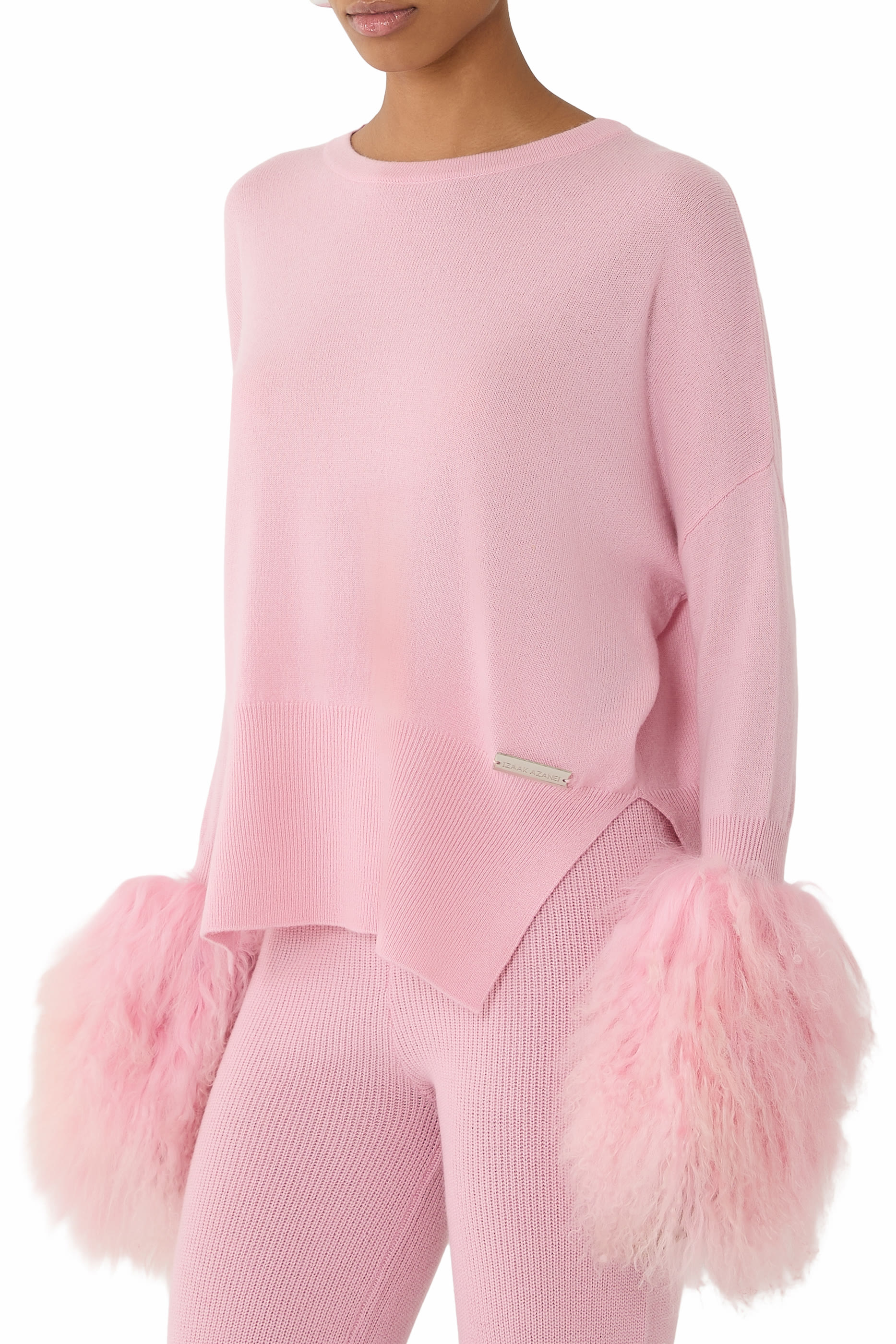 Shearling Cuff Round Neck Sweater