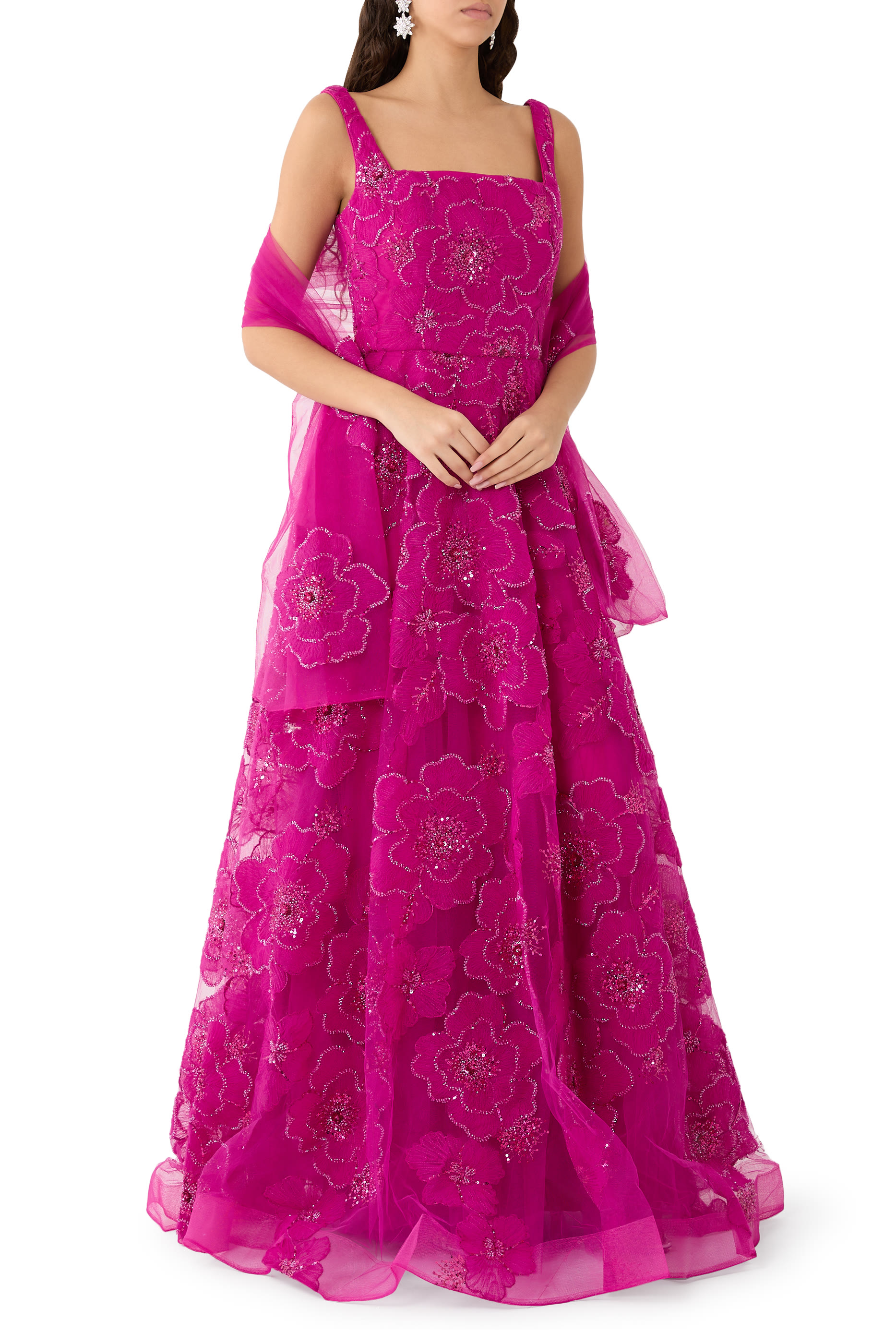 Floral Embellished Square Neck A-Line Gown