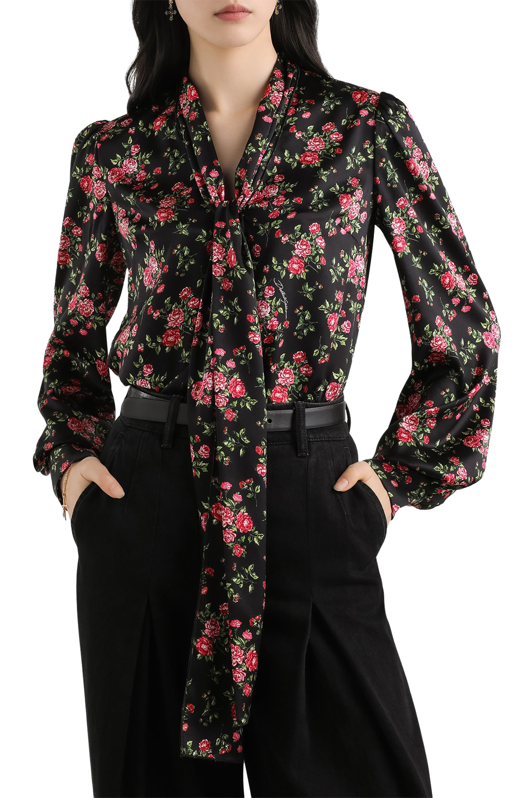 Small Rose Bouquet-Print Satin Shirt