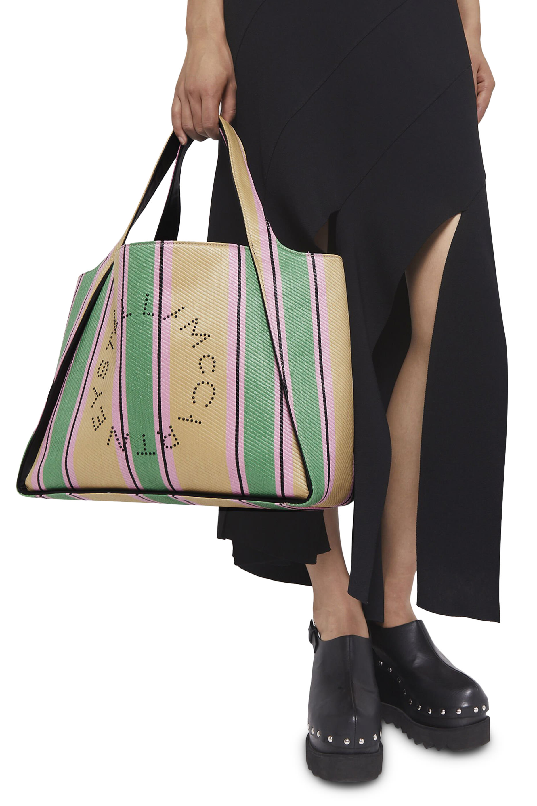 Logo Striped Raffia Tote Bag