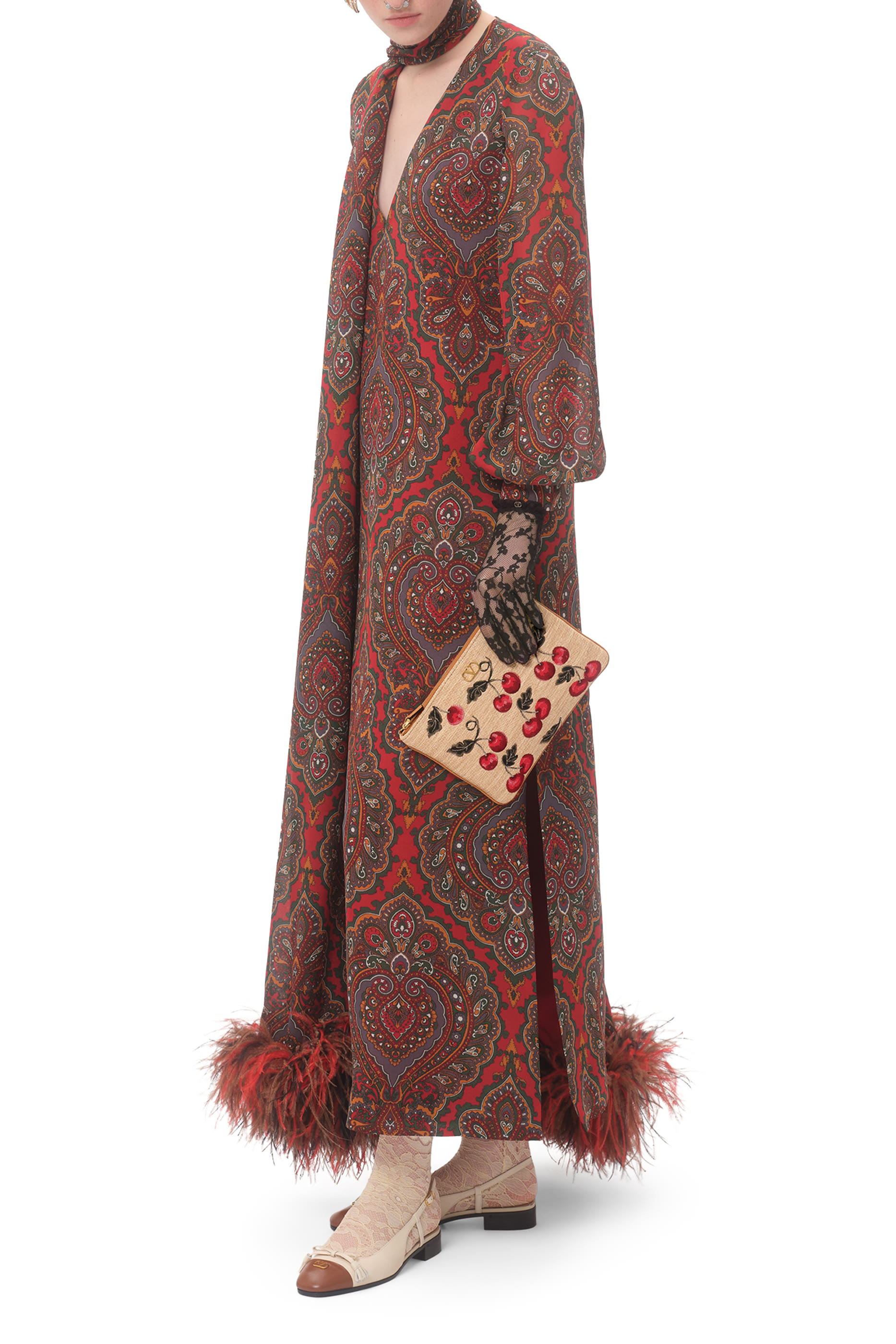 VLogo Signature Pouch in Jacquard Raffia with Cherryfic Pattern