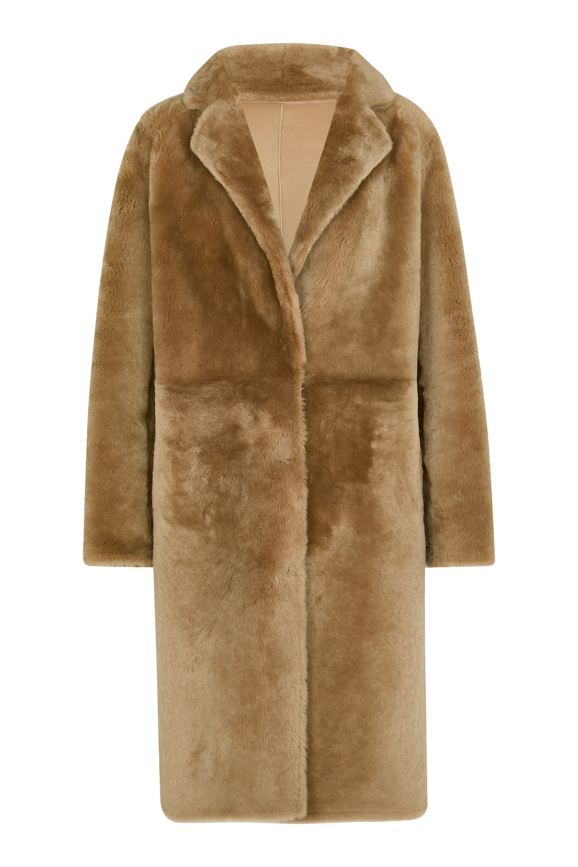 Notched-Lapel Slip-Pocket Shearling Coat