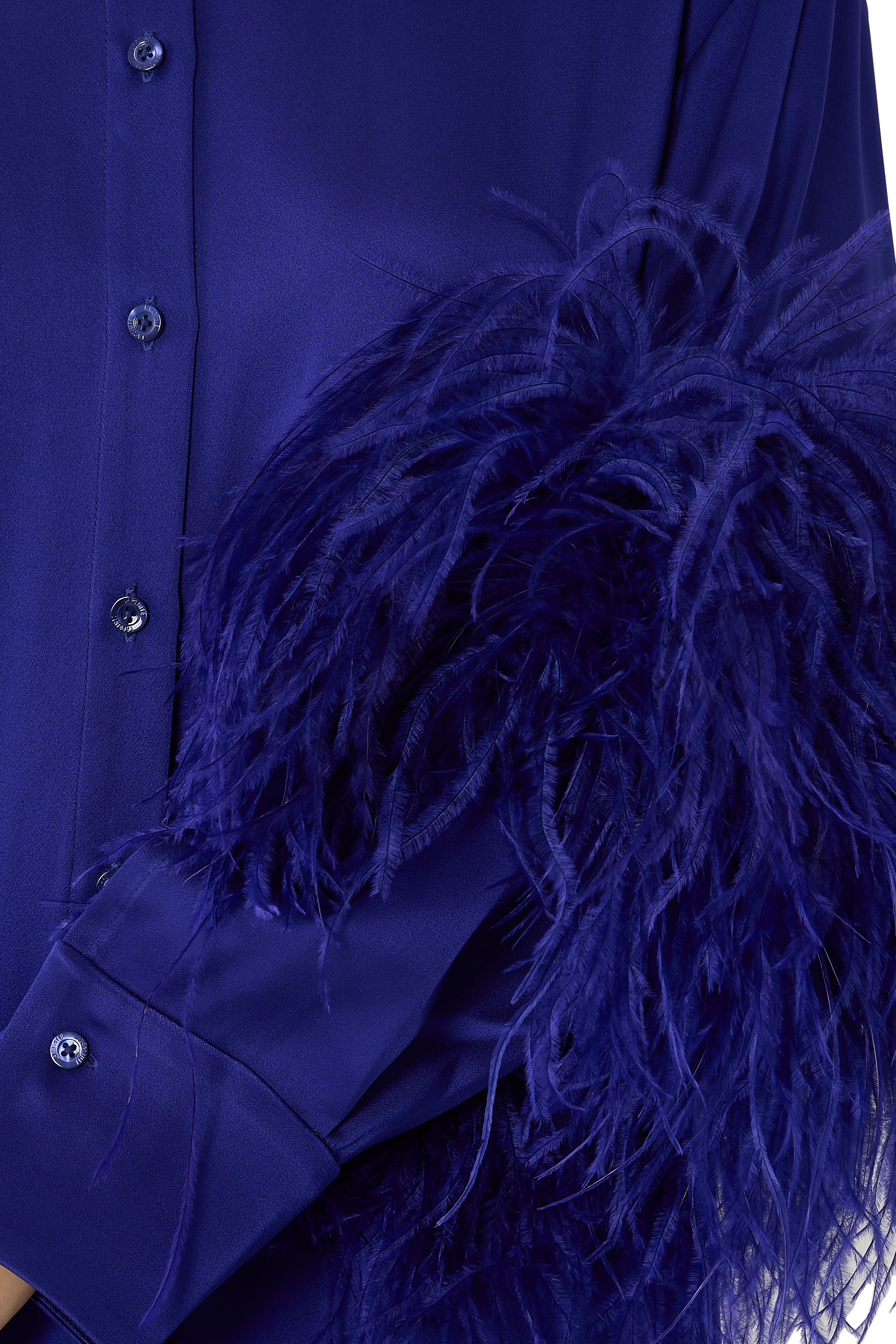 Satin Long Button Down Dress with Feathers